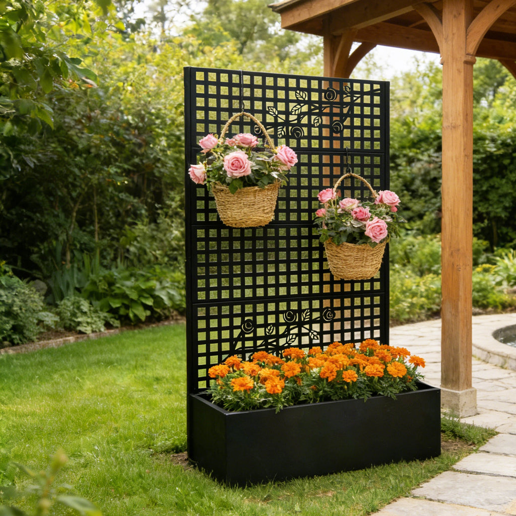 Black Metal Raised Garden Bed with Trellis for Climbing Plants