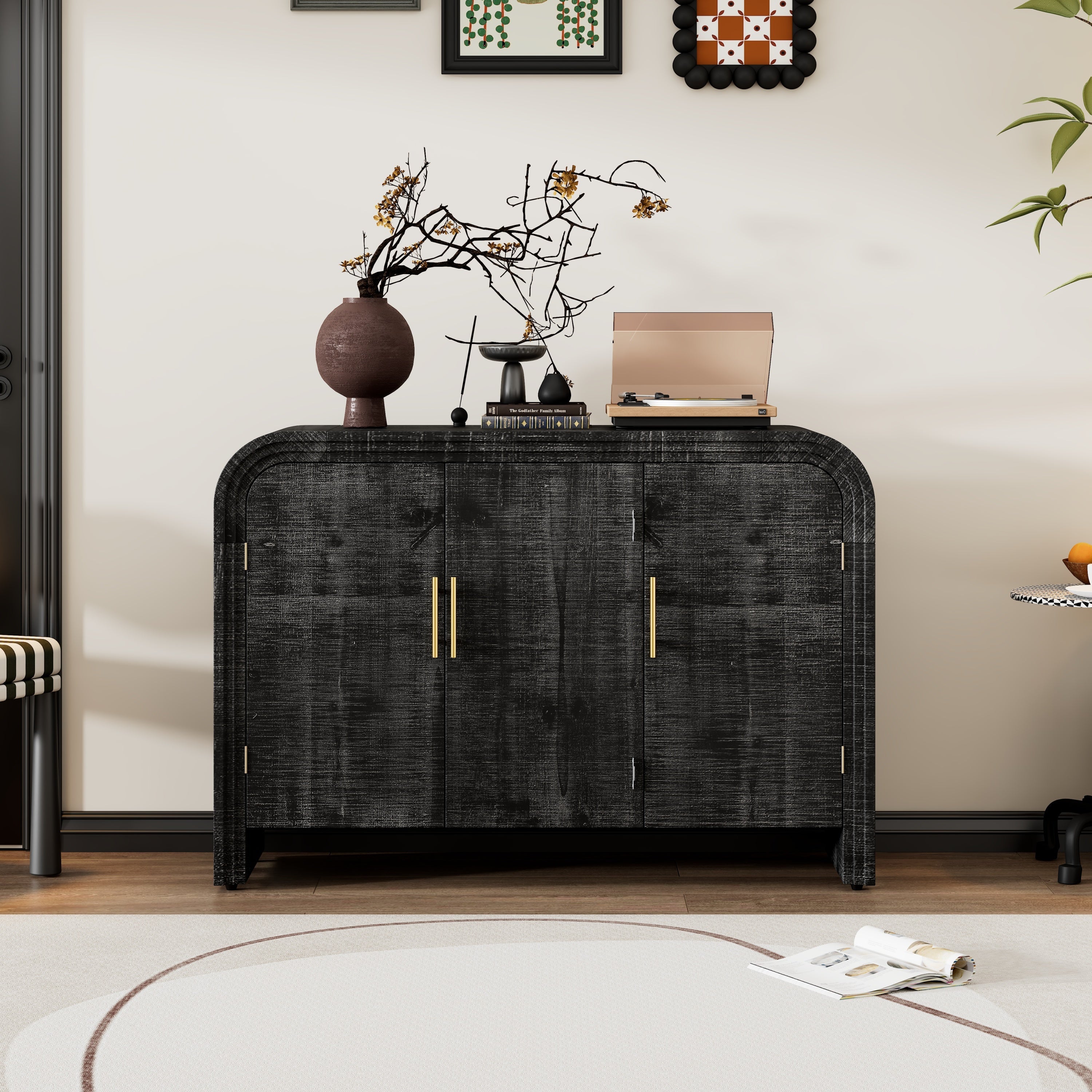 Minimalist Curved Sideboard with Gold Handles and Adjustable Dividers