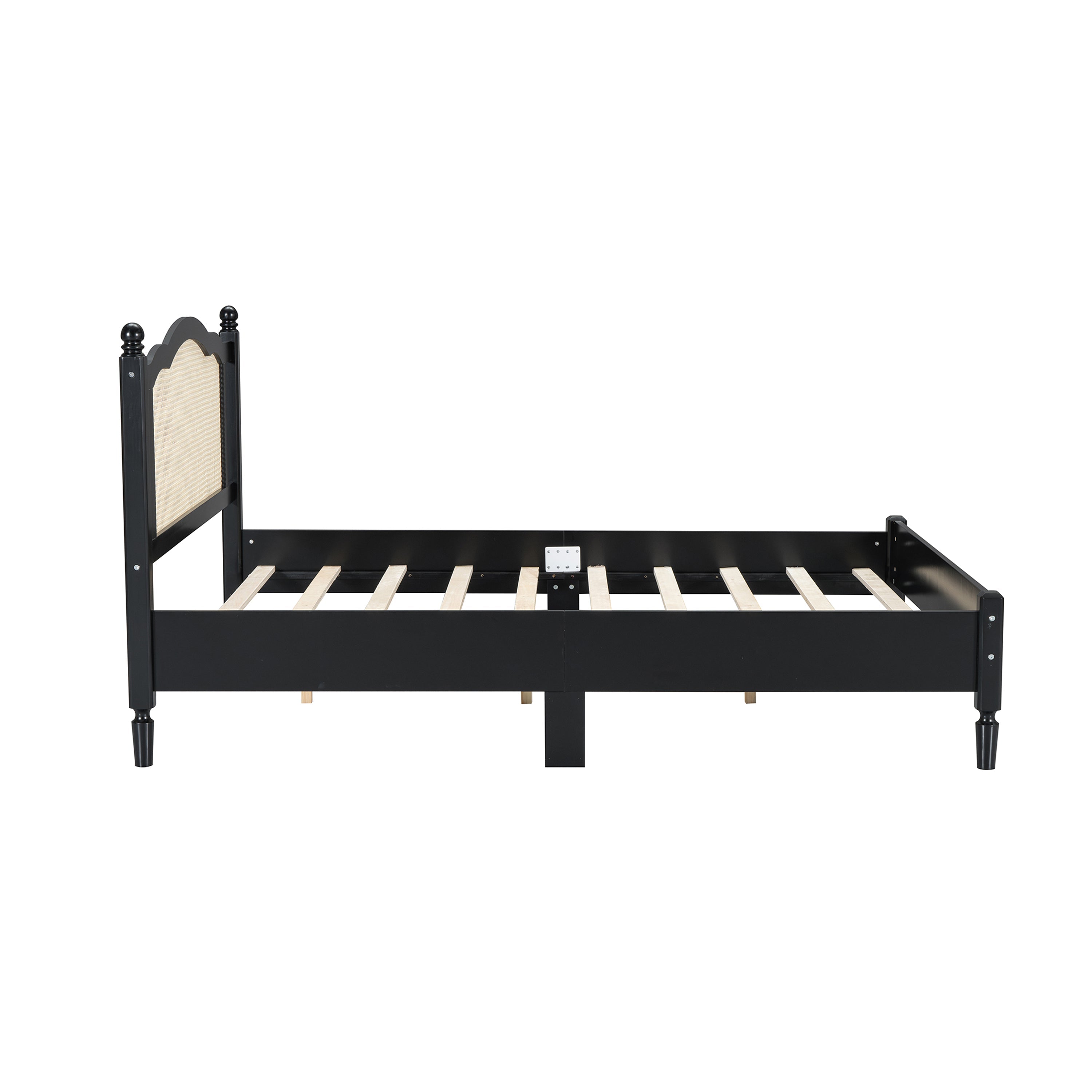 Queen Size Wooden Platform Bed with Natural Rattan Headboard