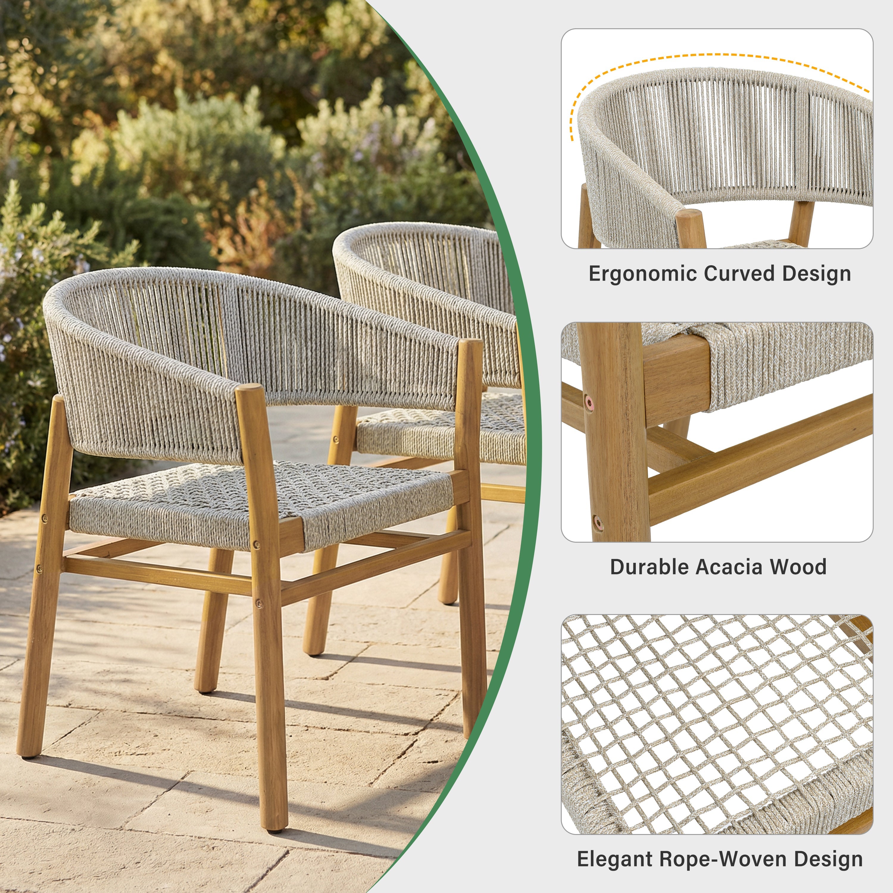 2-seat Woven Outdoor Chairs, Comfy Patio Seating with Elegant Teak Finish