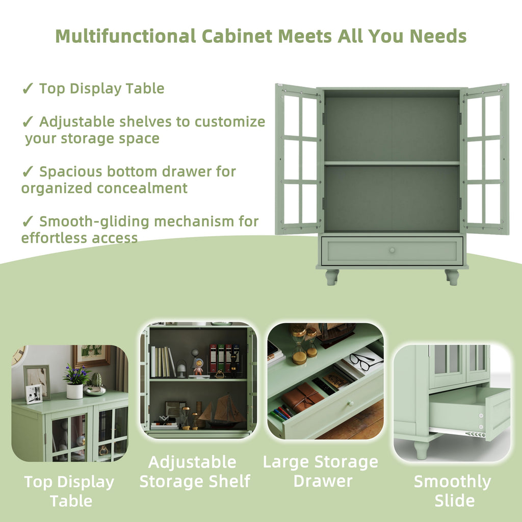 Minimalism Buffet Cabinet with Double Glass Doors and Drawer Mint Green