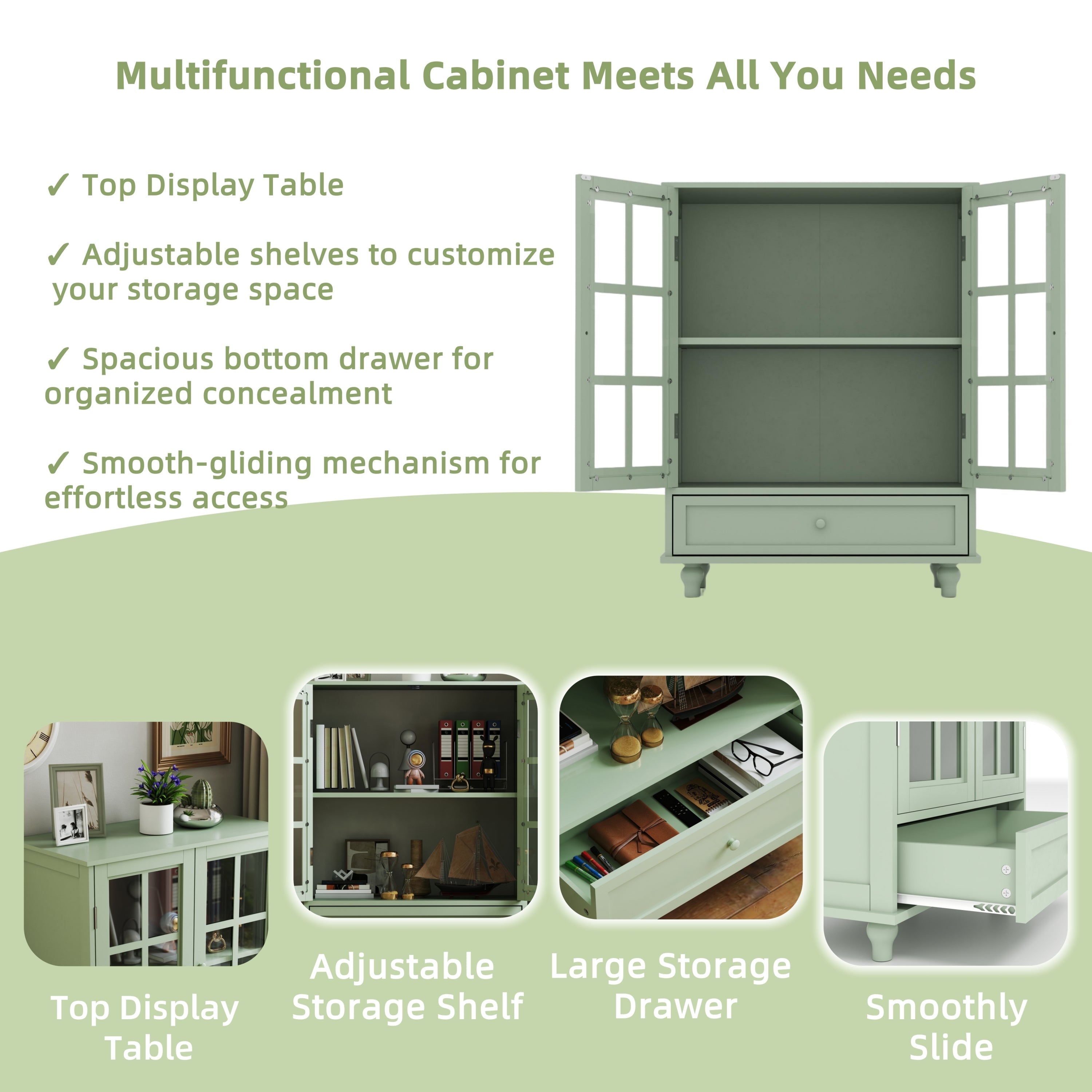 Minimalism Buffet Cabinet with Double Glass Doors and Drawer Mint Green