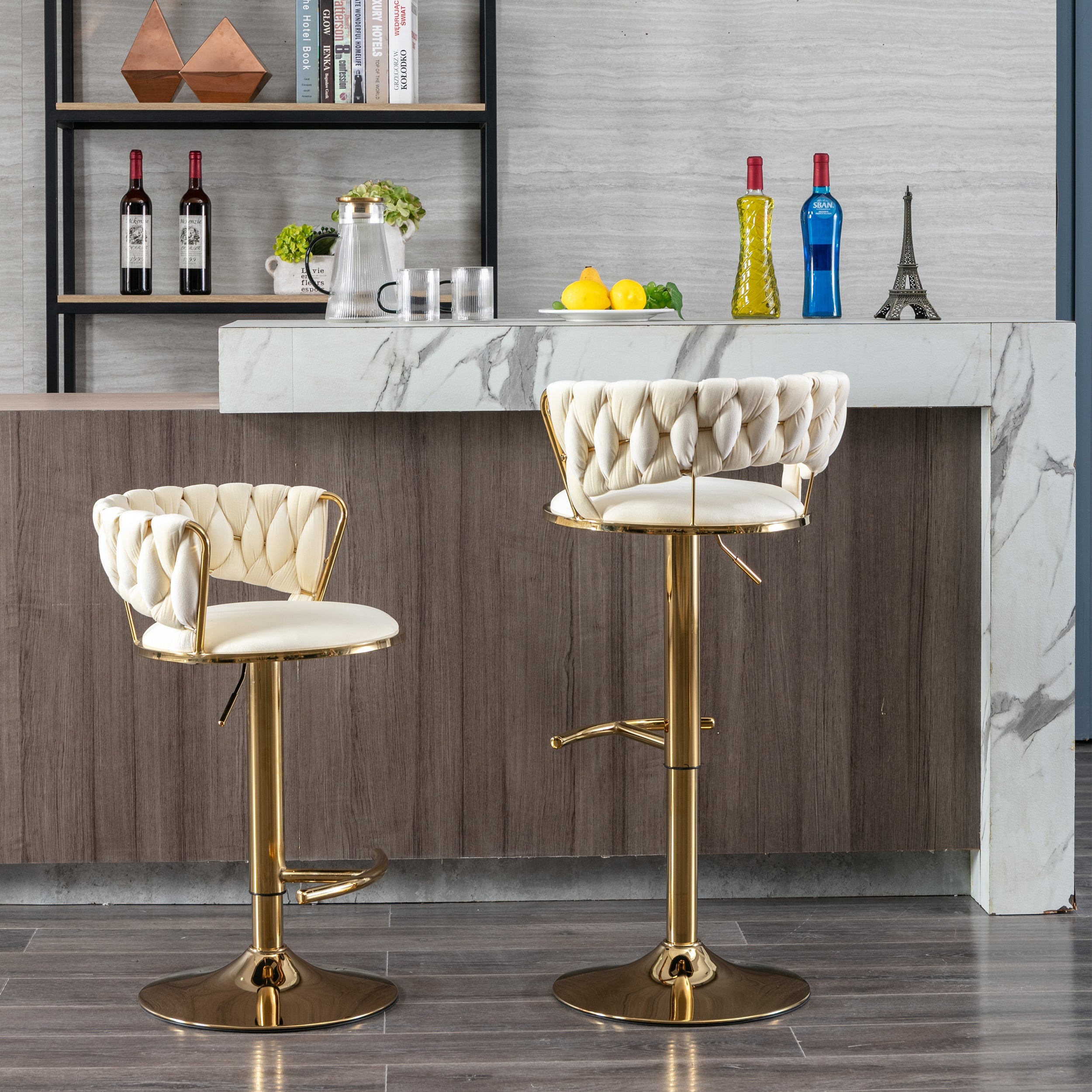 Swivel Height Adjustable Velvet Bar Stools with Golden Leg (Set of 2 )