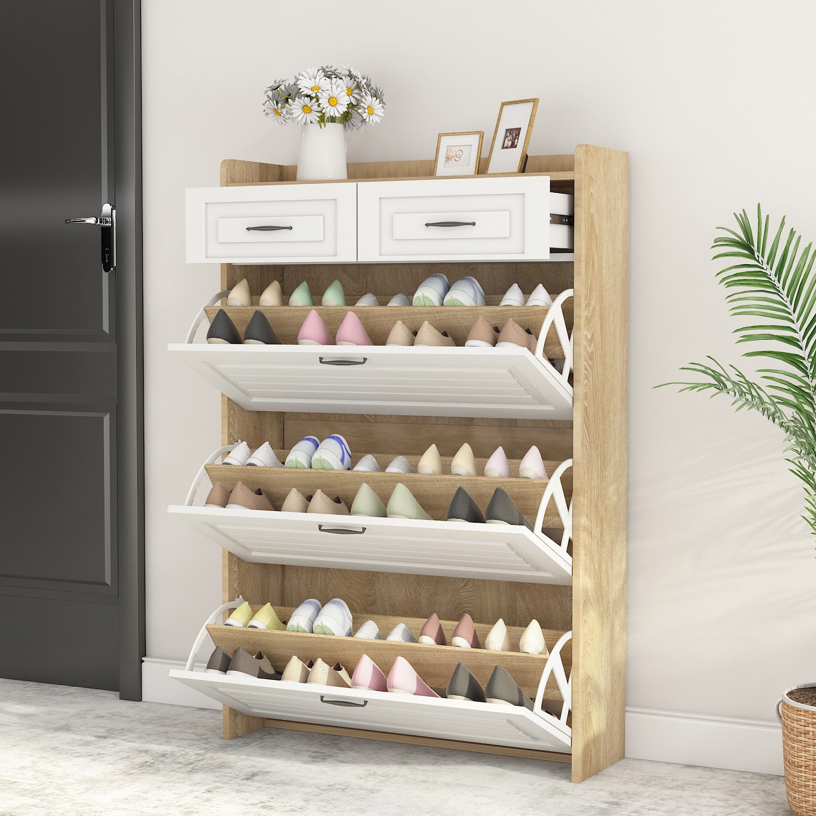 White Oak Color Shoe Cabinet with 3 Doors 2 Drawers