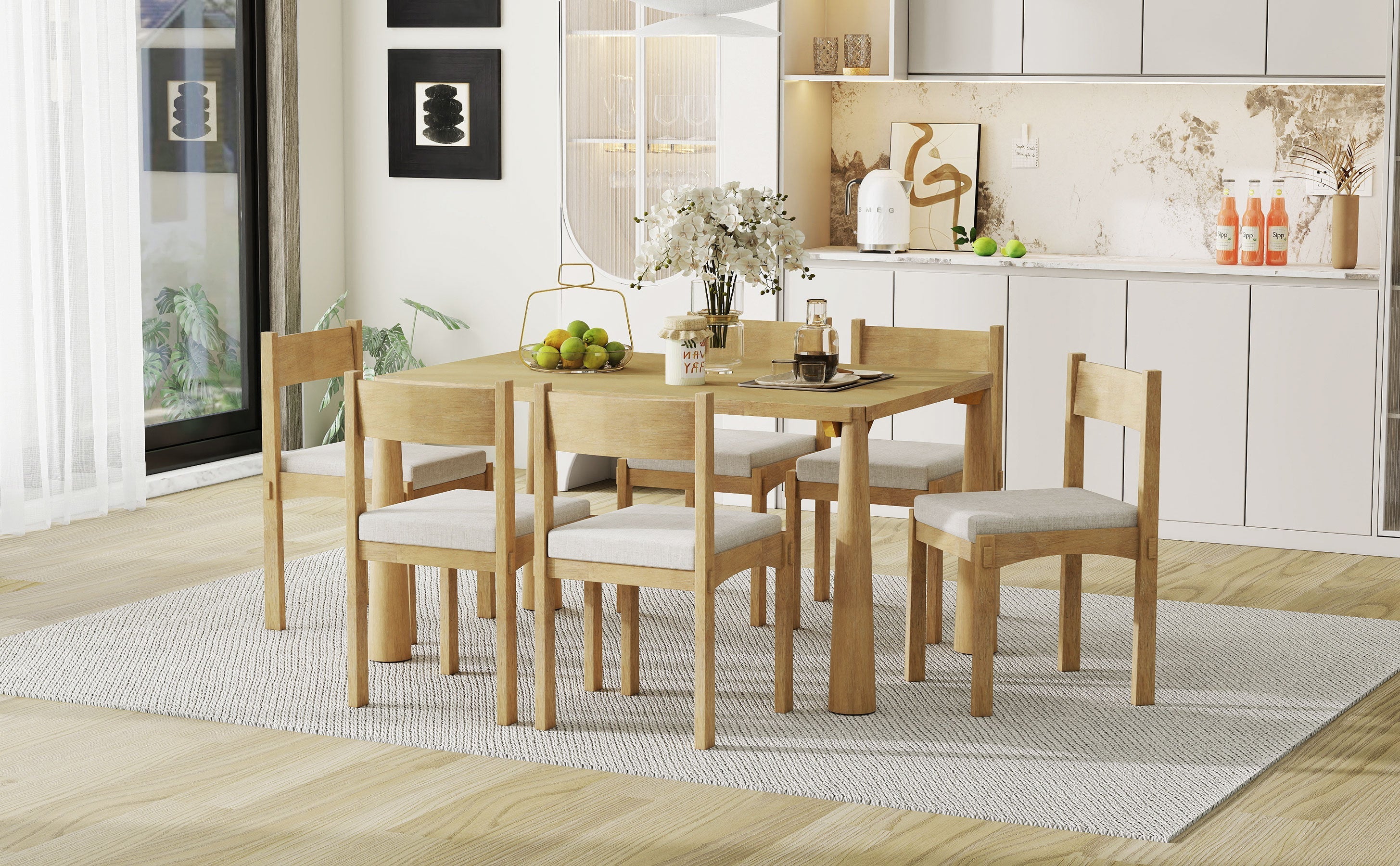 7-Piece Retro Wood Dining Table Set