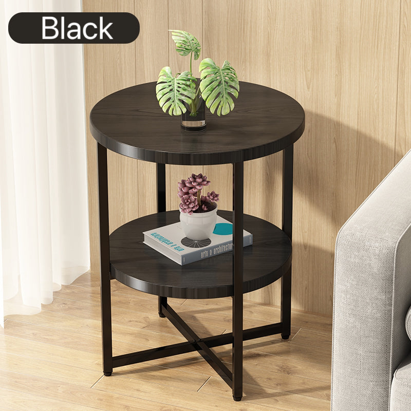 Small Round Side Table 2-Tier Black Farmhouse Accent Table with Storage Shelf