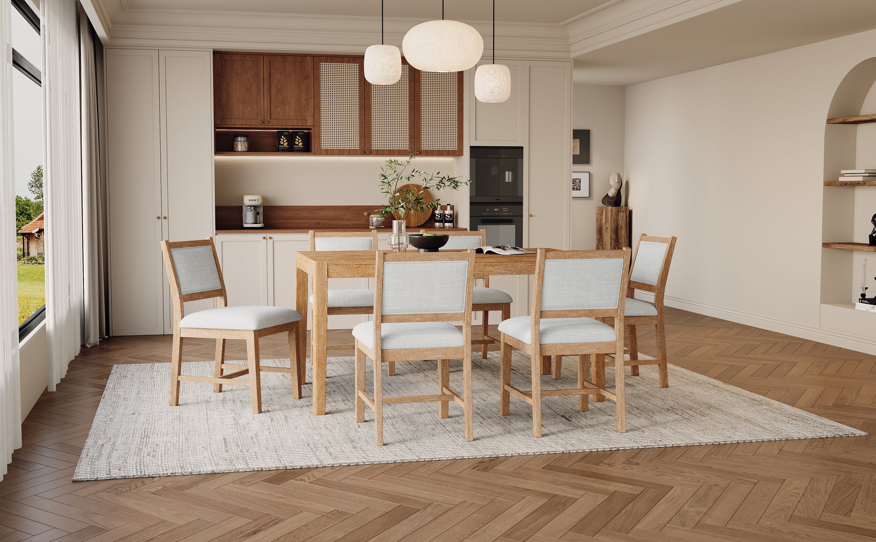 7-Piece Retro Rectangular Wood Dining Table Set