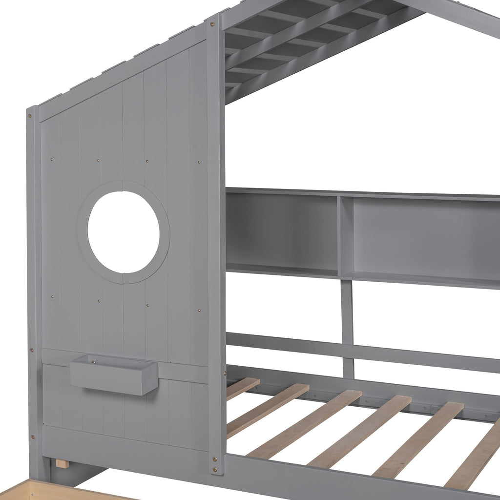 Wooden Twin Size House Bed with 2 Drawers
