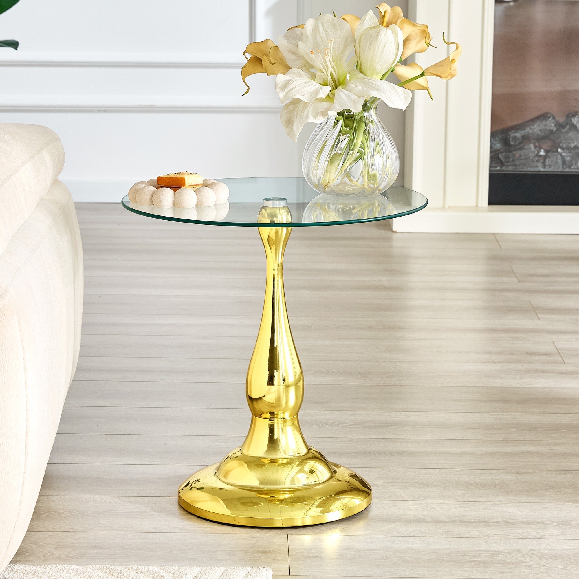 20" Small Luxury Metal Round Side Table with a Glass Top