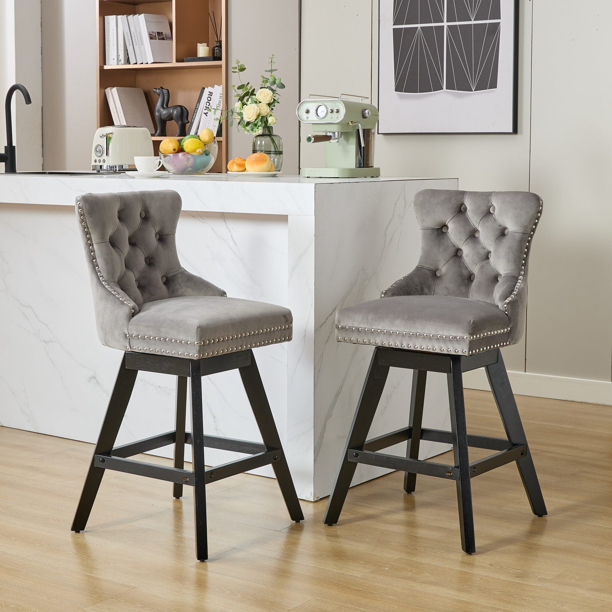 Swivel Velvet Barstools with Button Tufted Decoration (Set of 2)