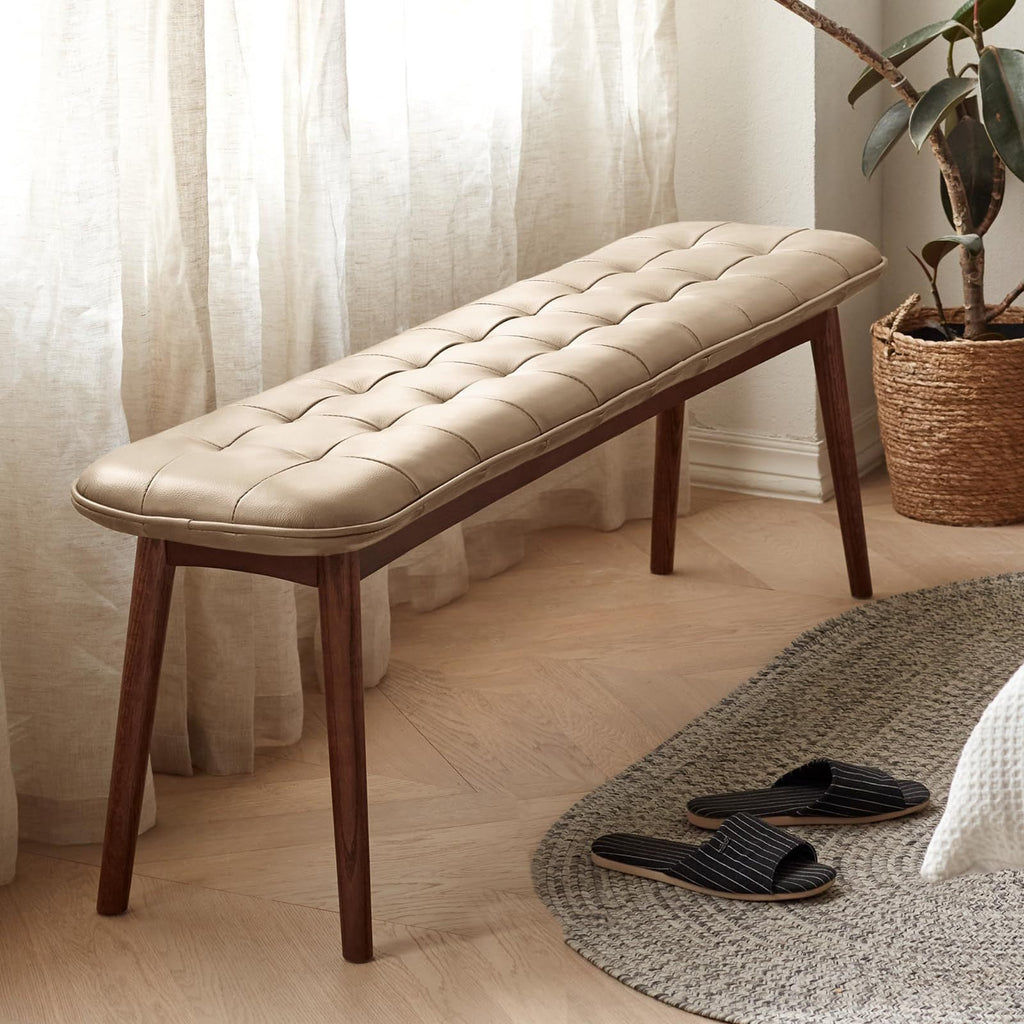 Natural Oak Dining Bench Table Bench with Leather Cushion
