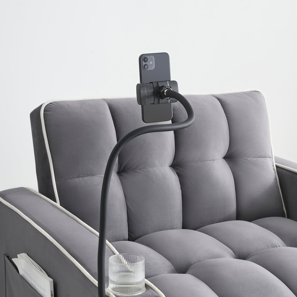 Velvet Foldable Sofa Bed Adjustable Back with USB, Ashtray & Phone Stand