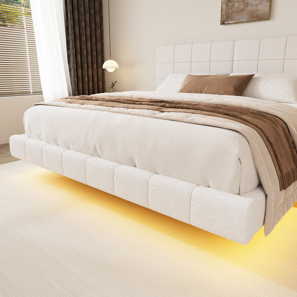 White  Boucle Floating Bed with Light