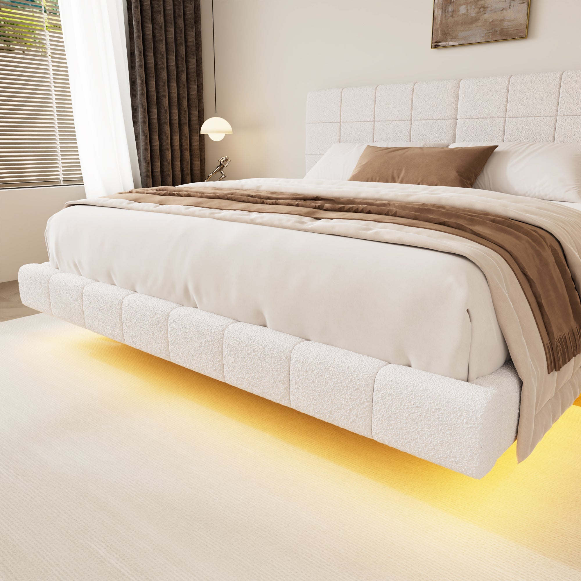 White  Boucle Floating Bed with Light