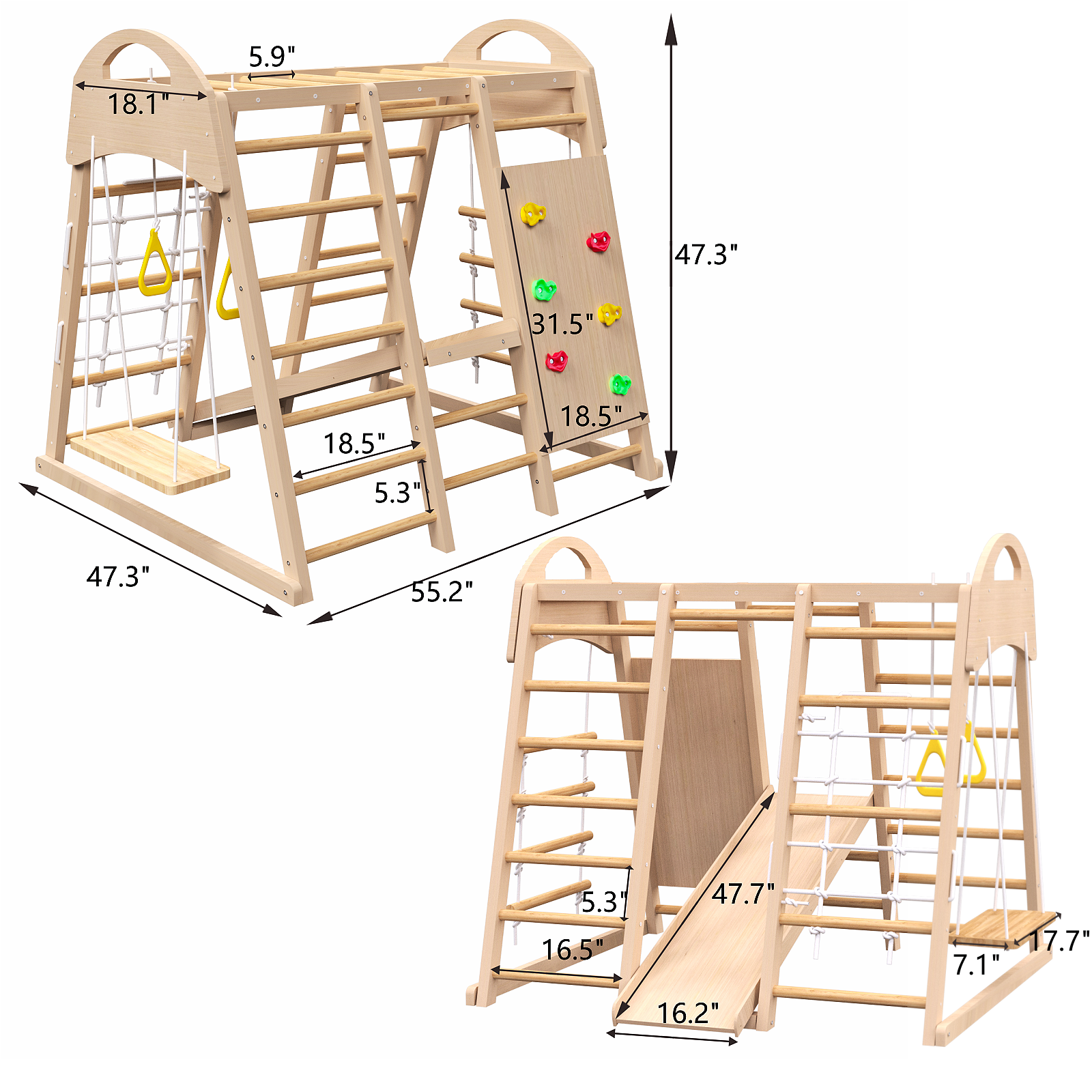 7 in 1 Indoor Playground Wood Jungle Gym Kids Slide Swing Climbing Wall Toy