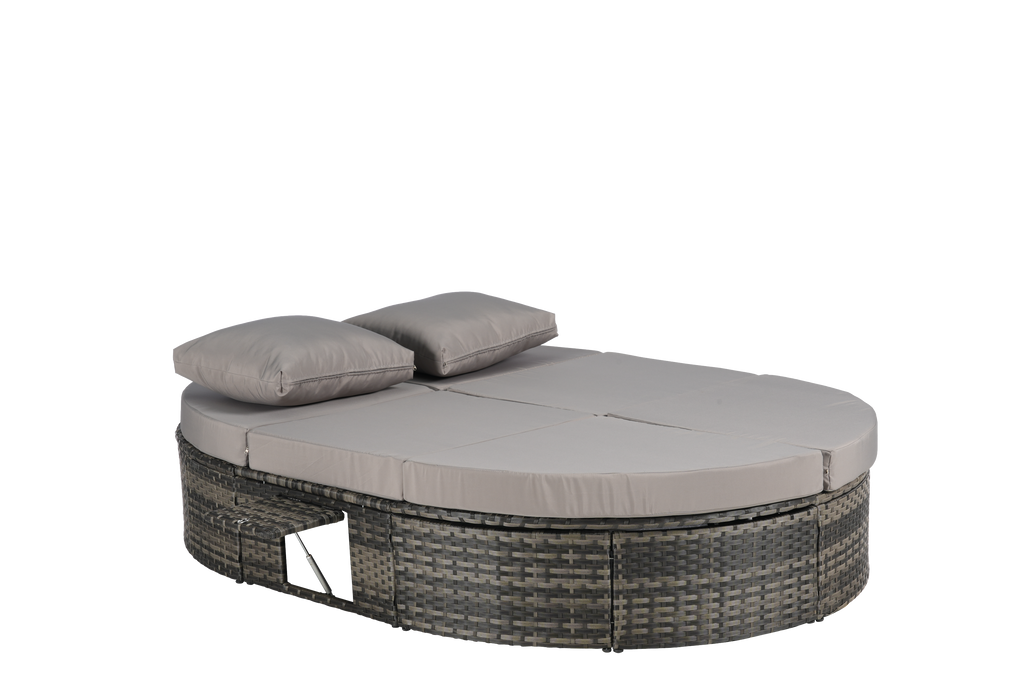 Round outdoor patio daybed with adjustable backrests foldable cup trays and cushioned wicker design ideal for backyard and poolside lounging