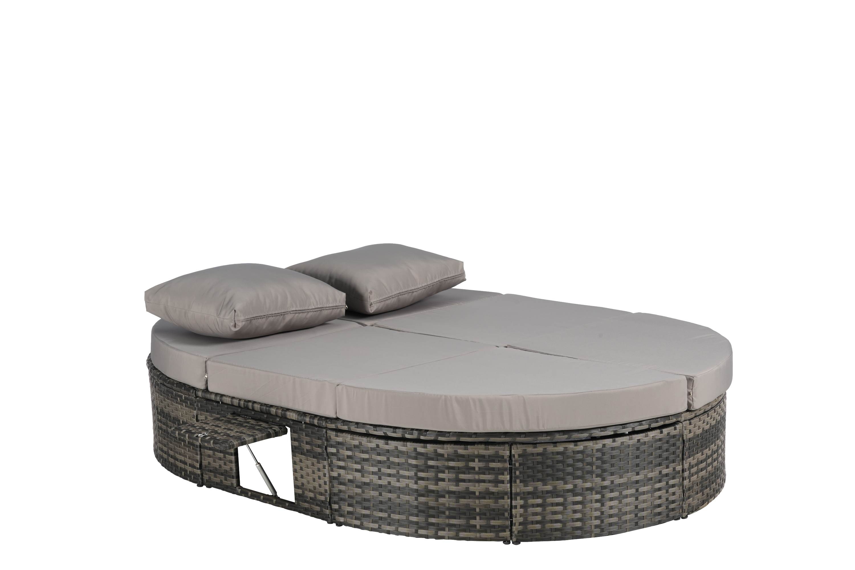 Round outdoor patio daybed with adjustable backrests foldable cup trays and cushioned wicker design ideal for backyard and poolside lounging