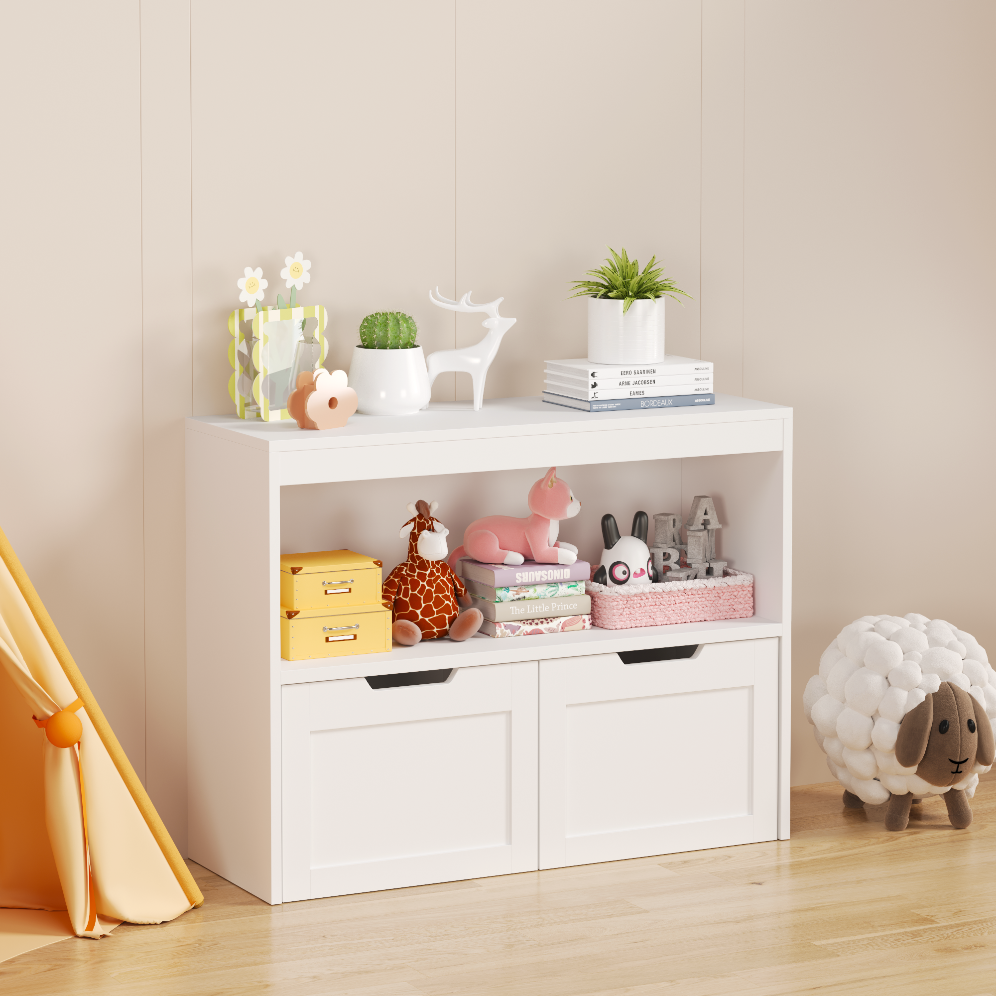 Toy Storage Cabinet  with Large Drawers and Open Shelves