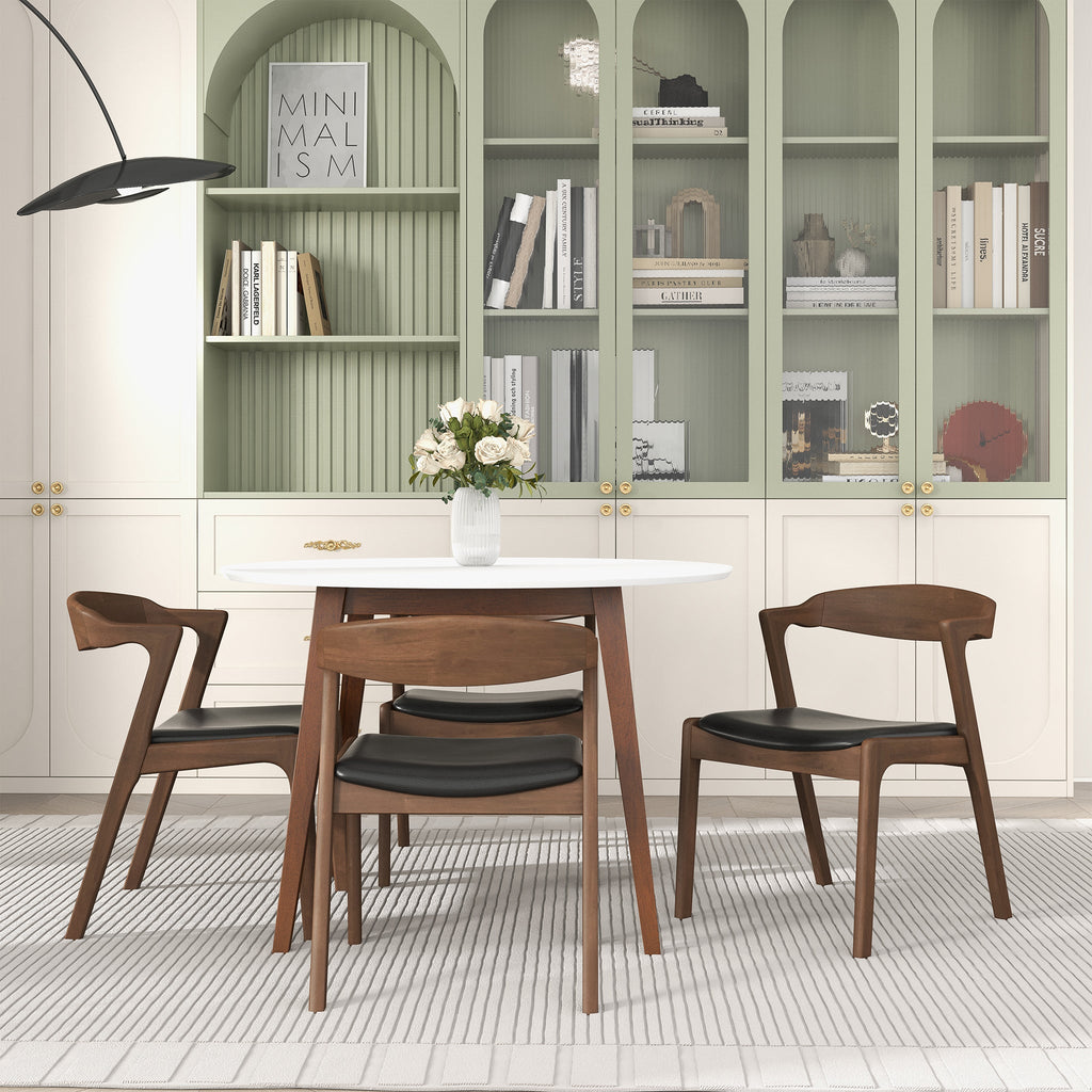 Mid-Century Solid Wood Dining Chair Set with Black Leather Upholstery (Set of 2)