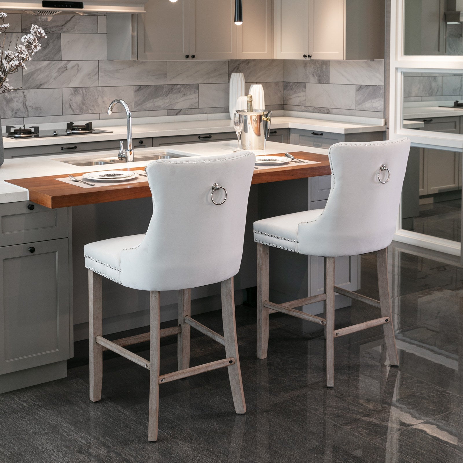 Contemporary Velvet Upholstered Barstools with Button Tufted Decoration (Set of 2)