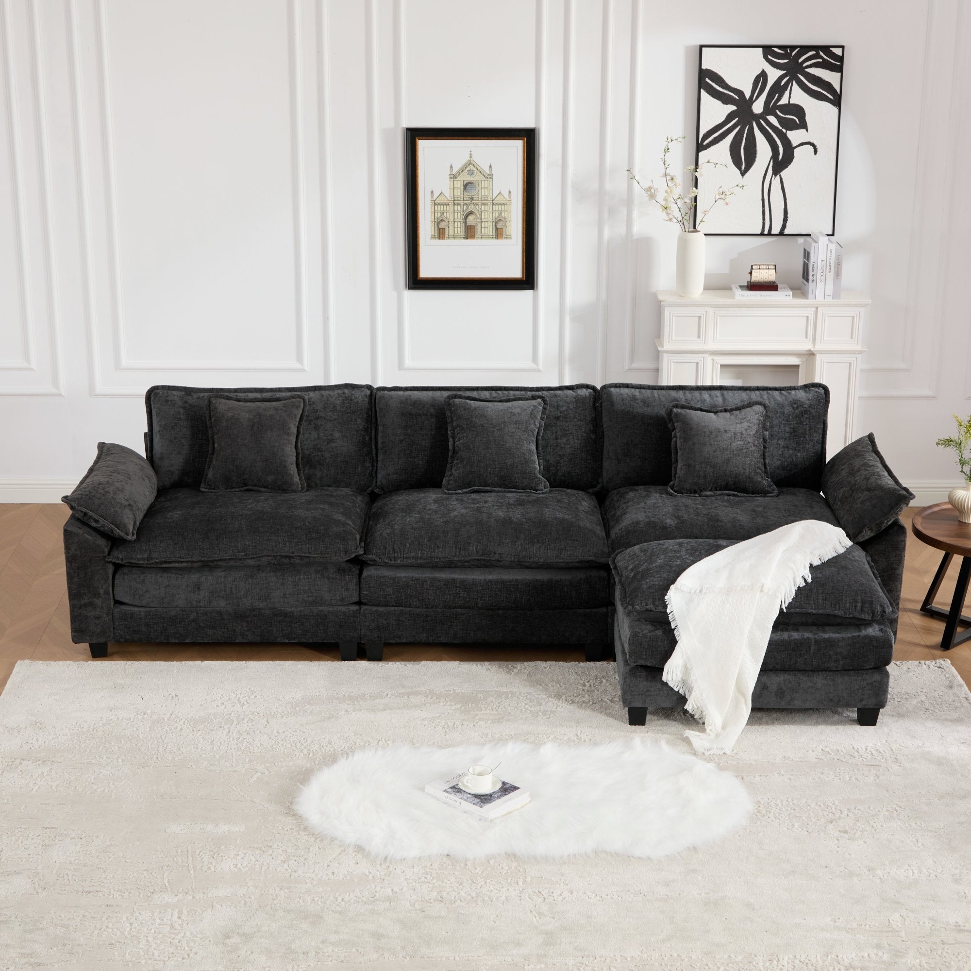 Modern Comfy Upholstered Seat Cushion Sectional Couch (Ottoman is Not Included)