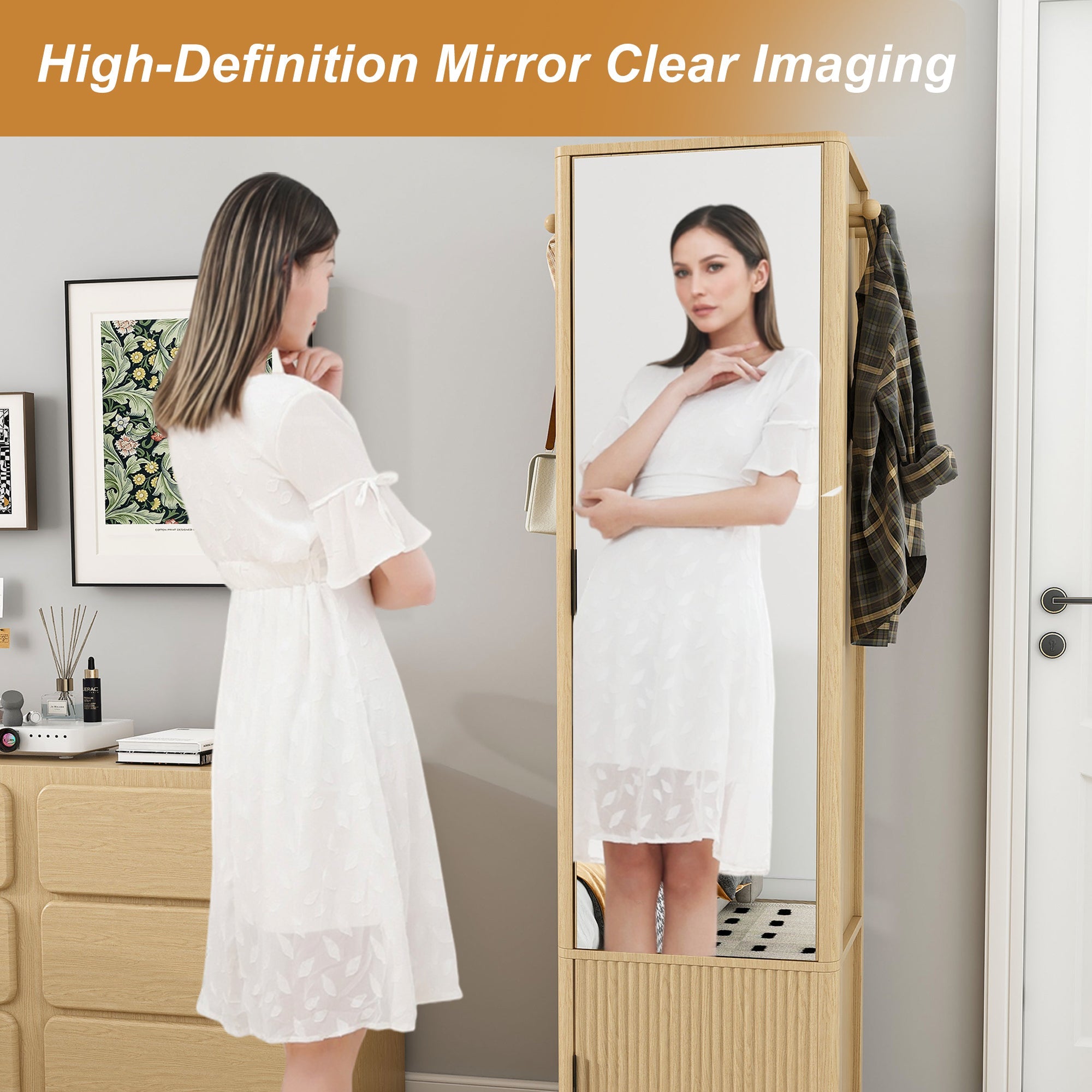 360° Rotating Makeup Cabinet with Full-Length Mirror and Jewelry Storage