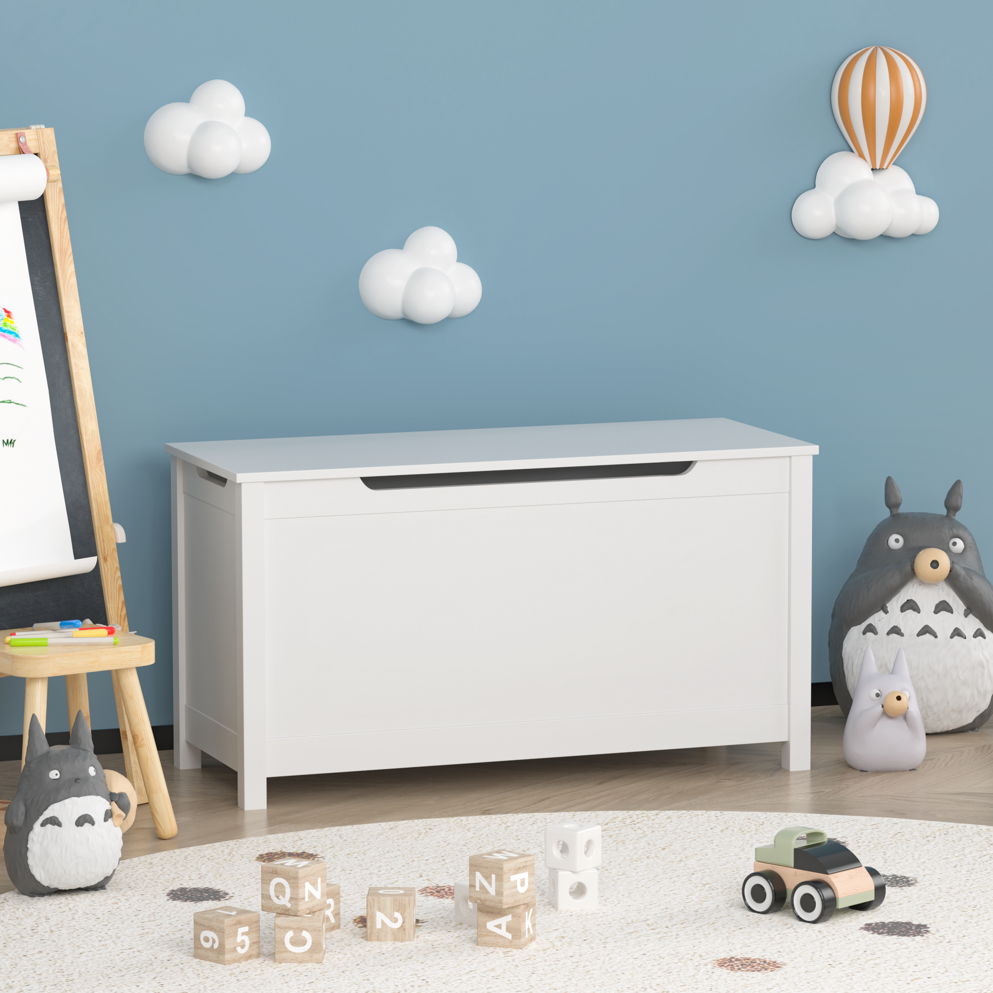 Kids Wooden Toy Box Storage with Safety Hinged Lid for Ages 2+