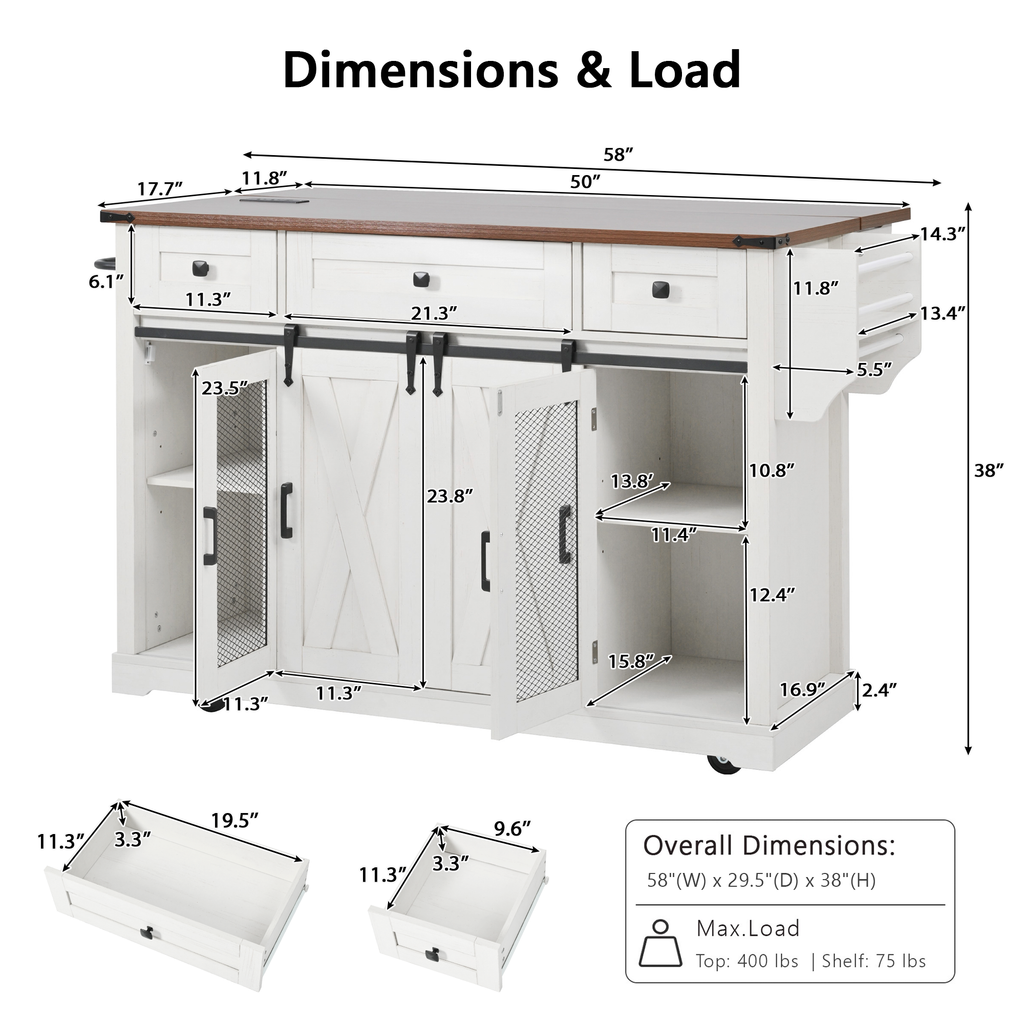 58“ Farmhouse Kitchen Island with Storage Sliding Barn Door Metal Grid Side Door