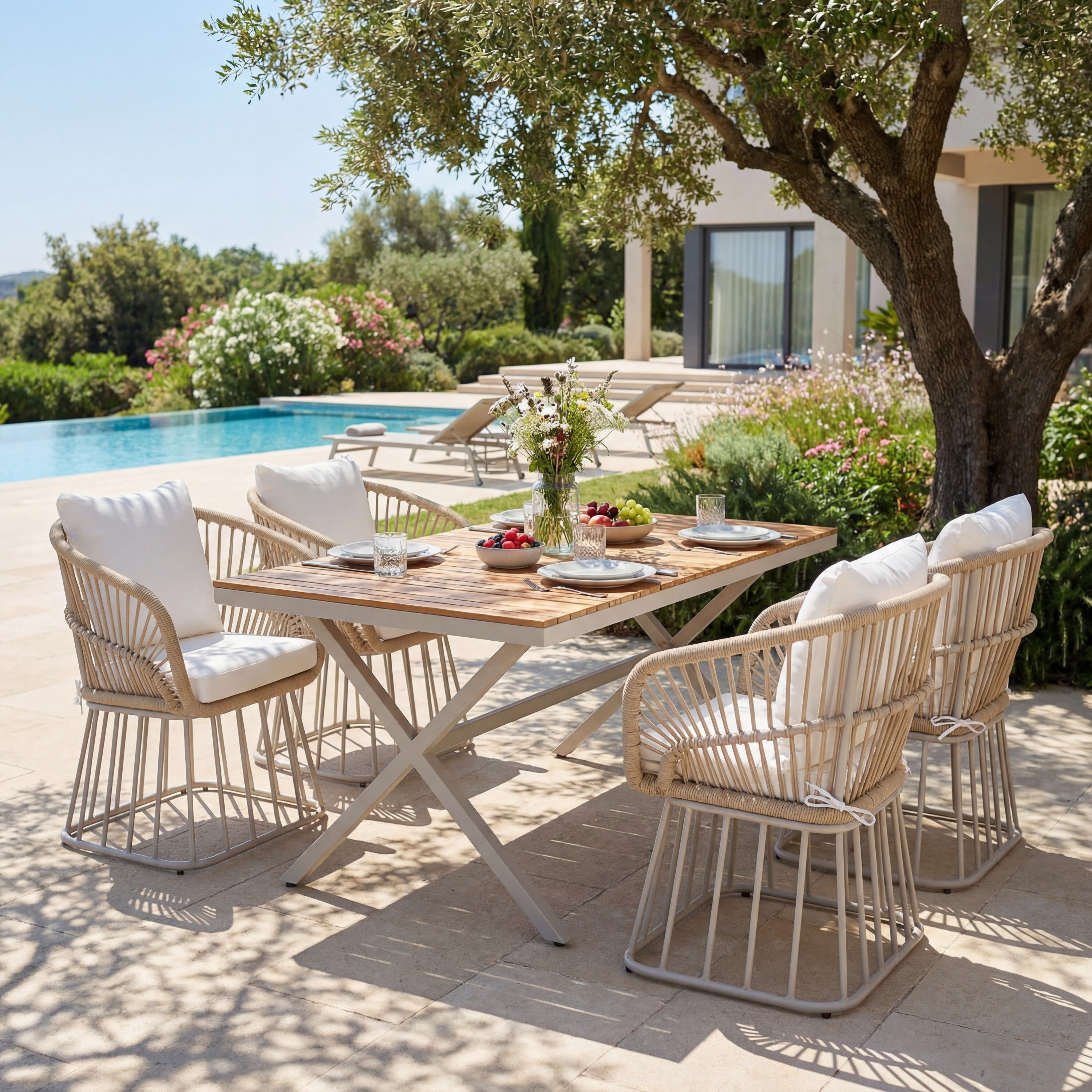 Outdoor Dining Set Teak Table 4 Wicker Chairs Cushions Steel Frame Set