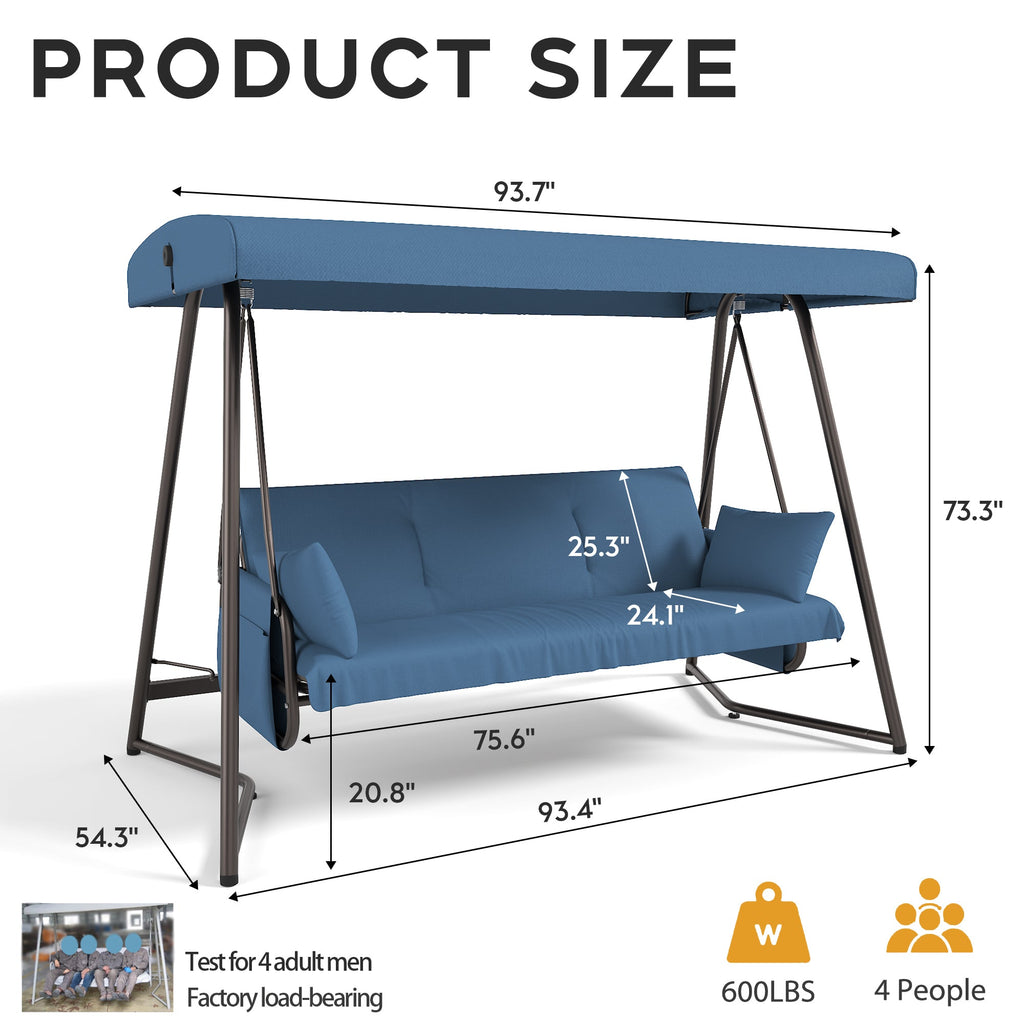 Outdoor Hanging Swing Bed 3-in-1 3-Seater Adjustable Canopy Waterproof Blue