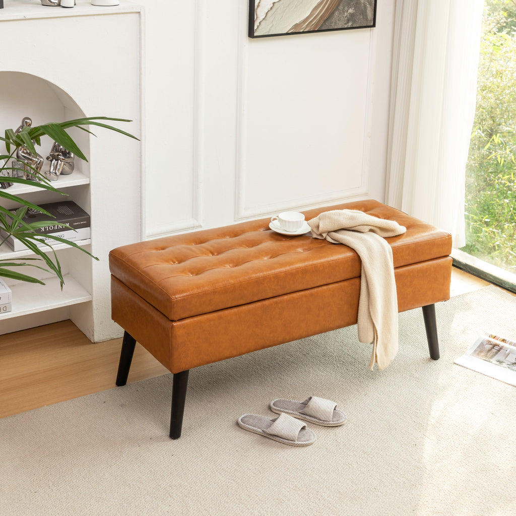 Brown PU Leather Storage Bench