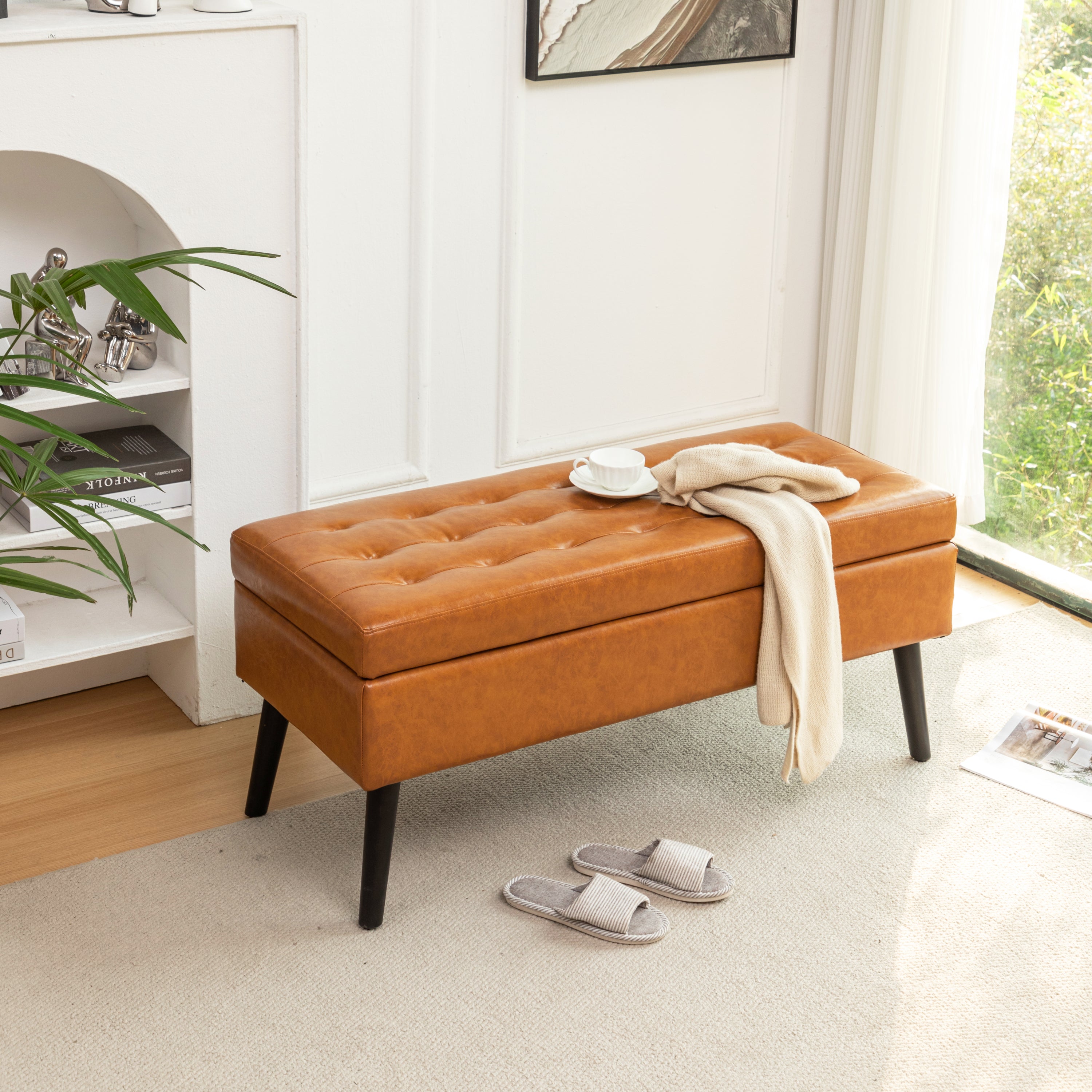 Brown PU Leather Storage Bench