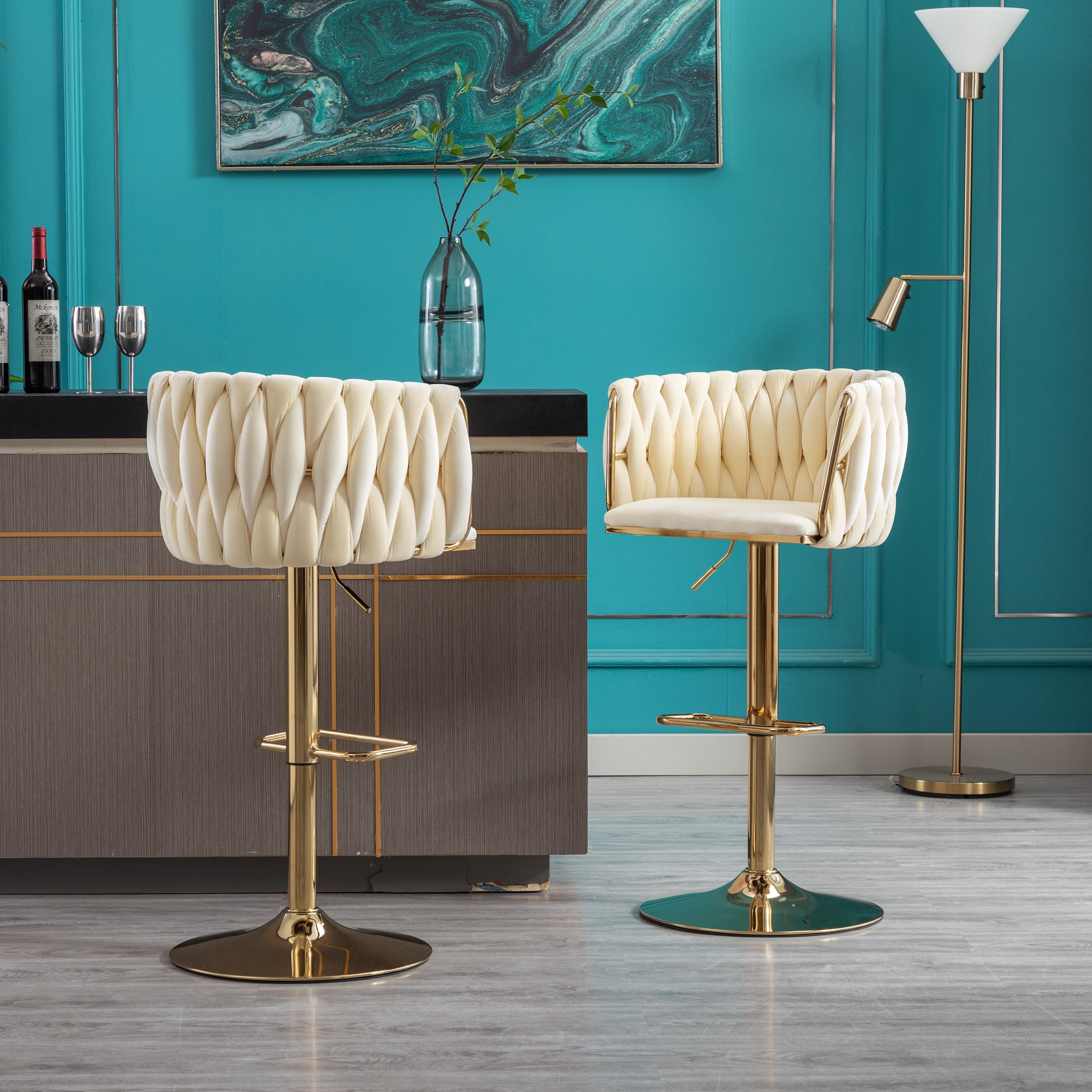 Swivel Height Adjustable Mechanical Lifting Velvet Bar Stools (Set of 2)