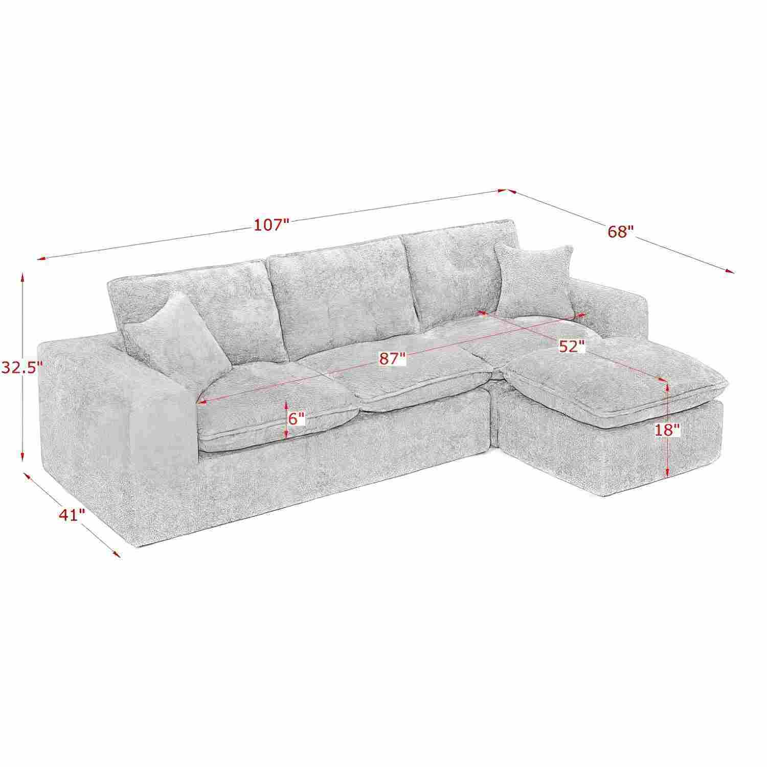 Modern Orange L-Shaped Sectional Sofa with 2 Ottomans Cloud-Like Modular Couch