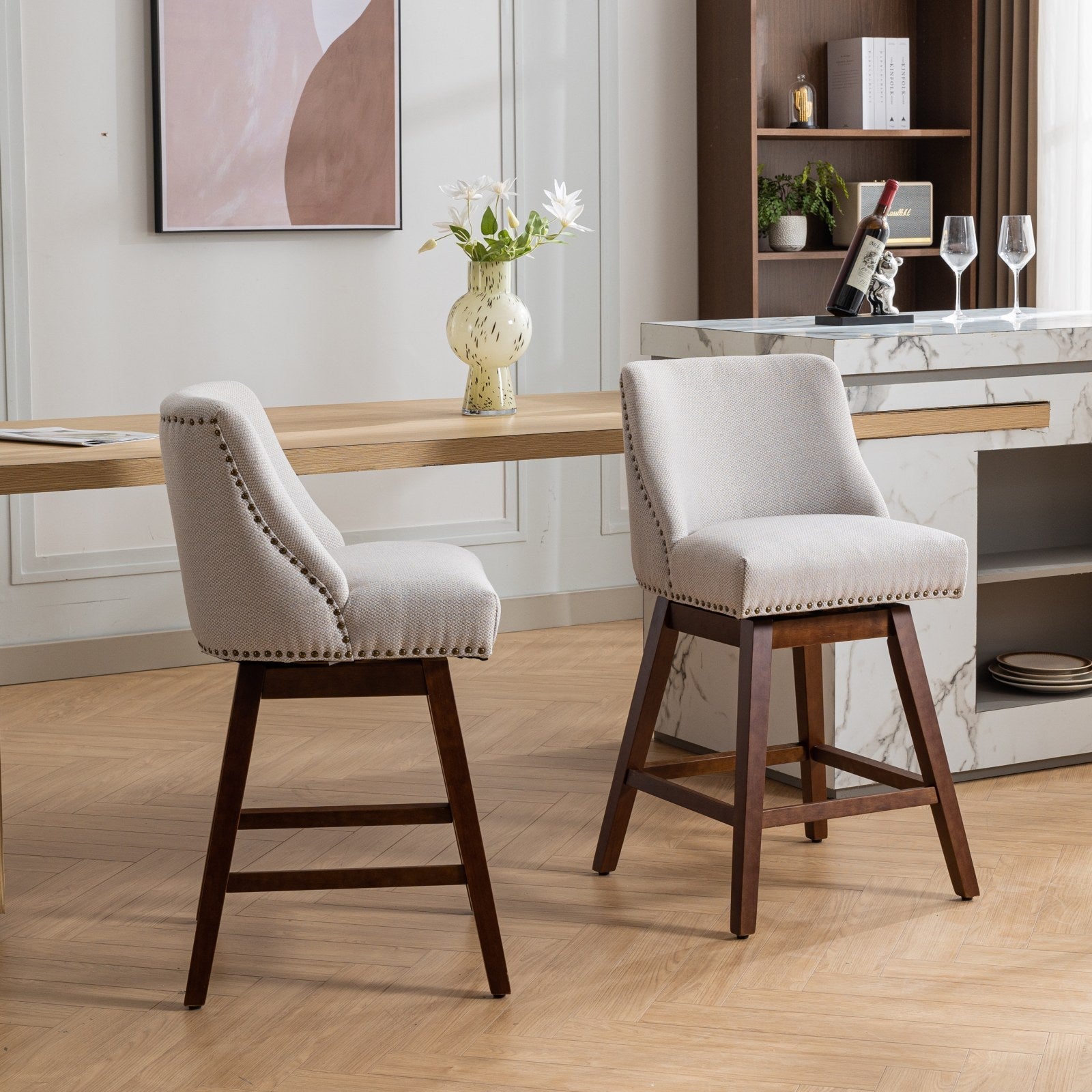 Upholstered Swivel Counter Height Bar Stools with Nailhead Trim (Set of 2)