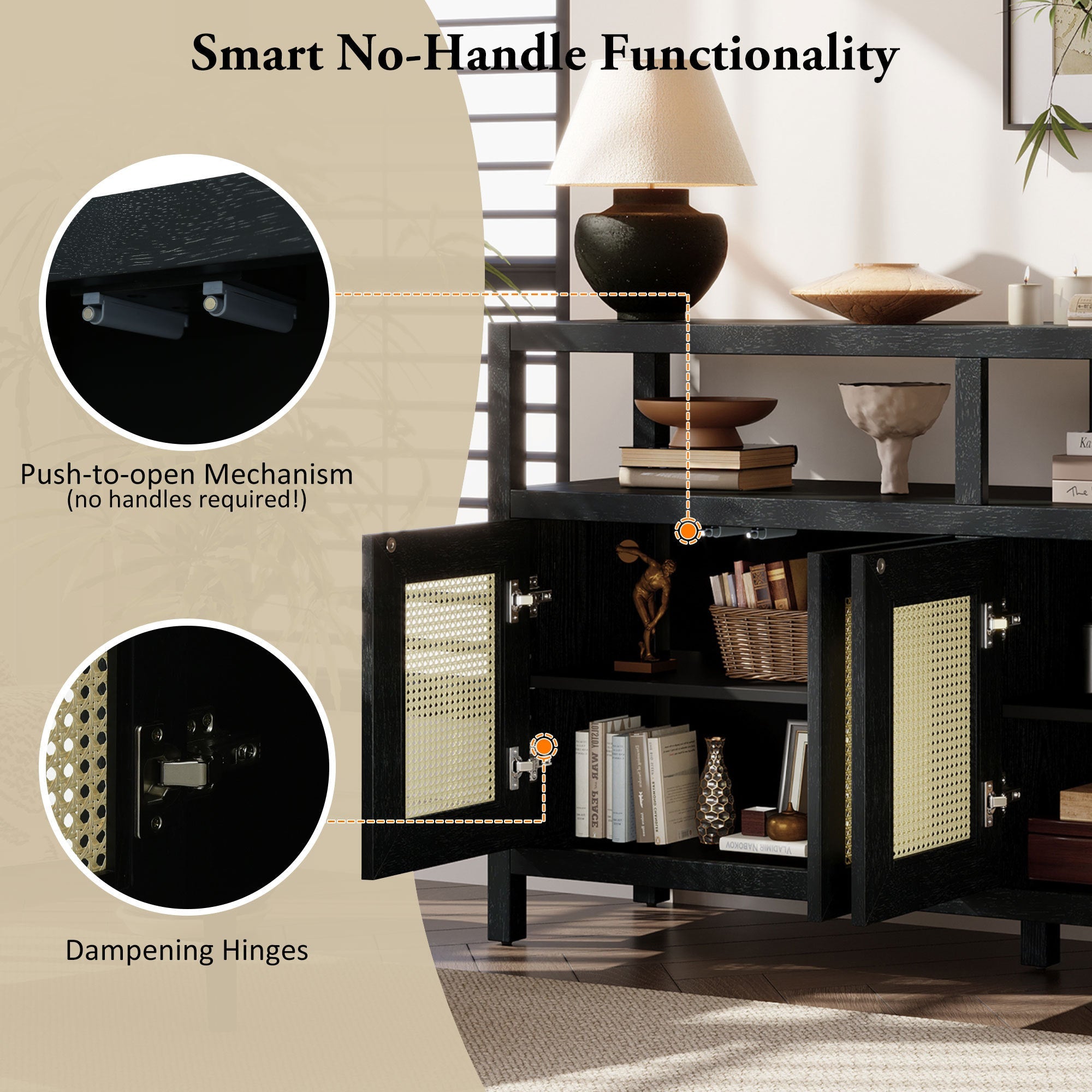 Bohemian Style Rattan Storage Cabinet with 3-position Adjustable Shelves
