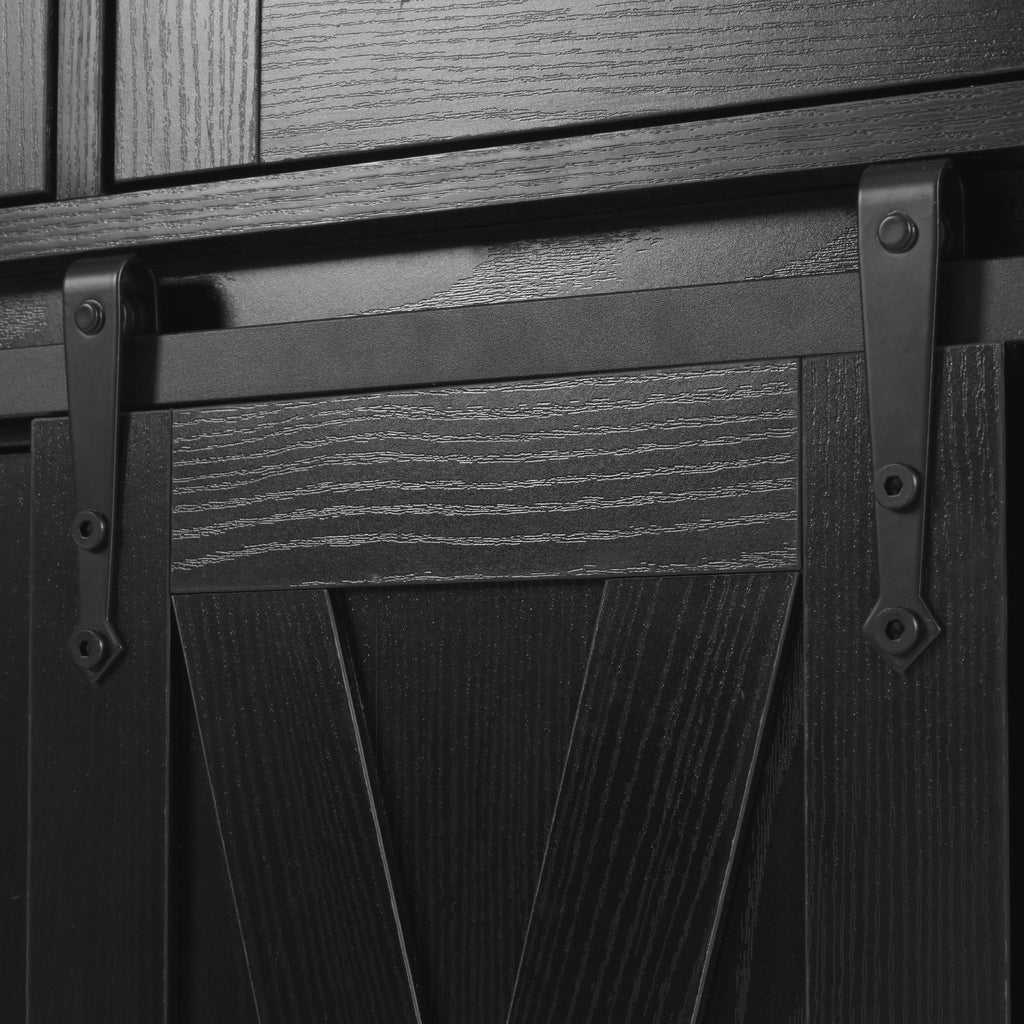58“ Farmhouse Kitchen Island with Storage Sliding Barn Door Metal Grid Side Door