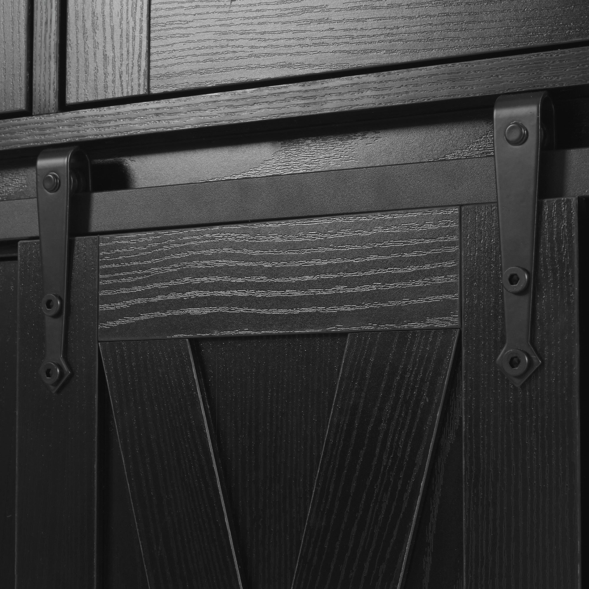 58“ Farmhouse Kitchen Island with Storage Sliding Barn Door Metal Grid Side Door