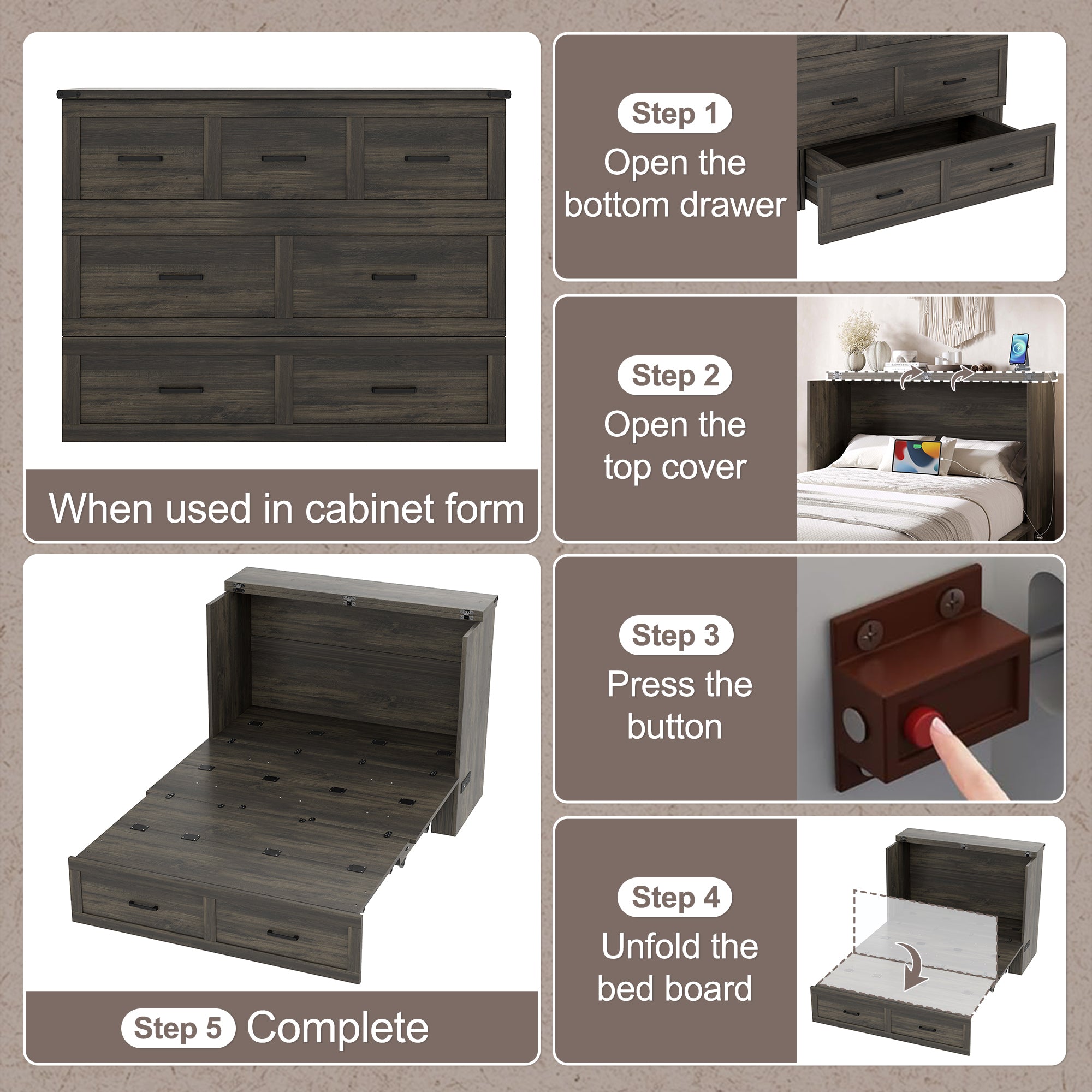 Murphy Bed Cabinet Full Size with Charging Station
