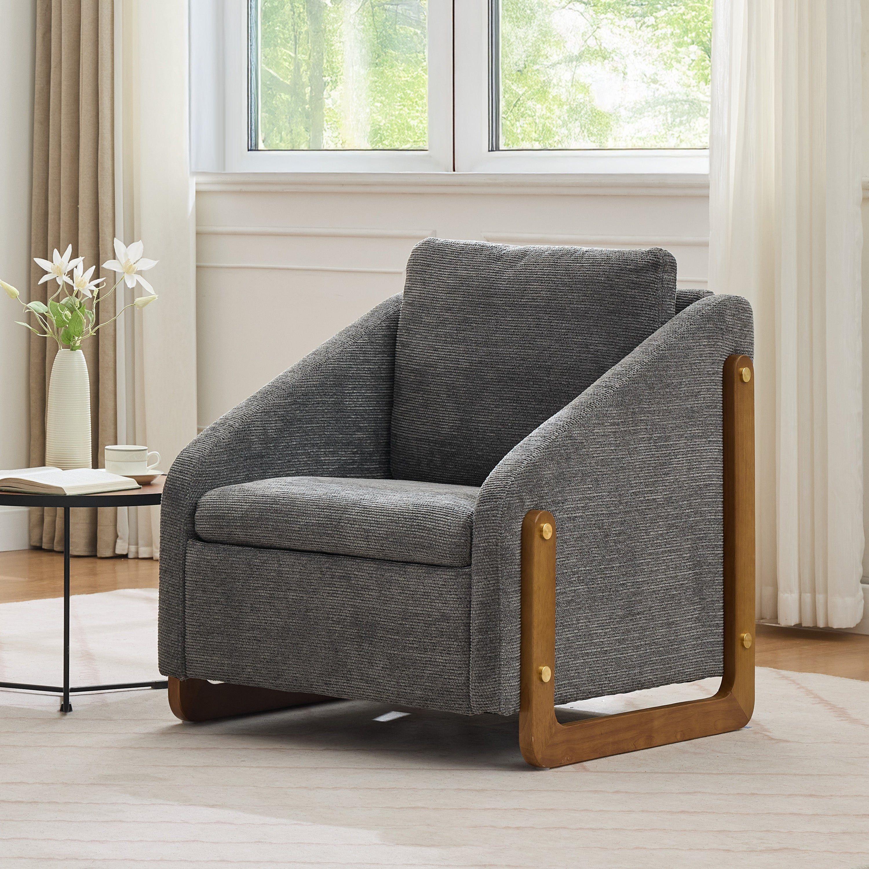 Modern Upholstered Armchair with Wooden Side Frame