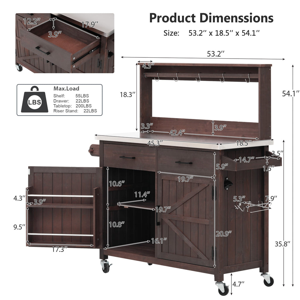 54.1" Outdoor Kitchen Island with High Shelf, Stainless Steel Top & Storage Cabinet