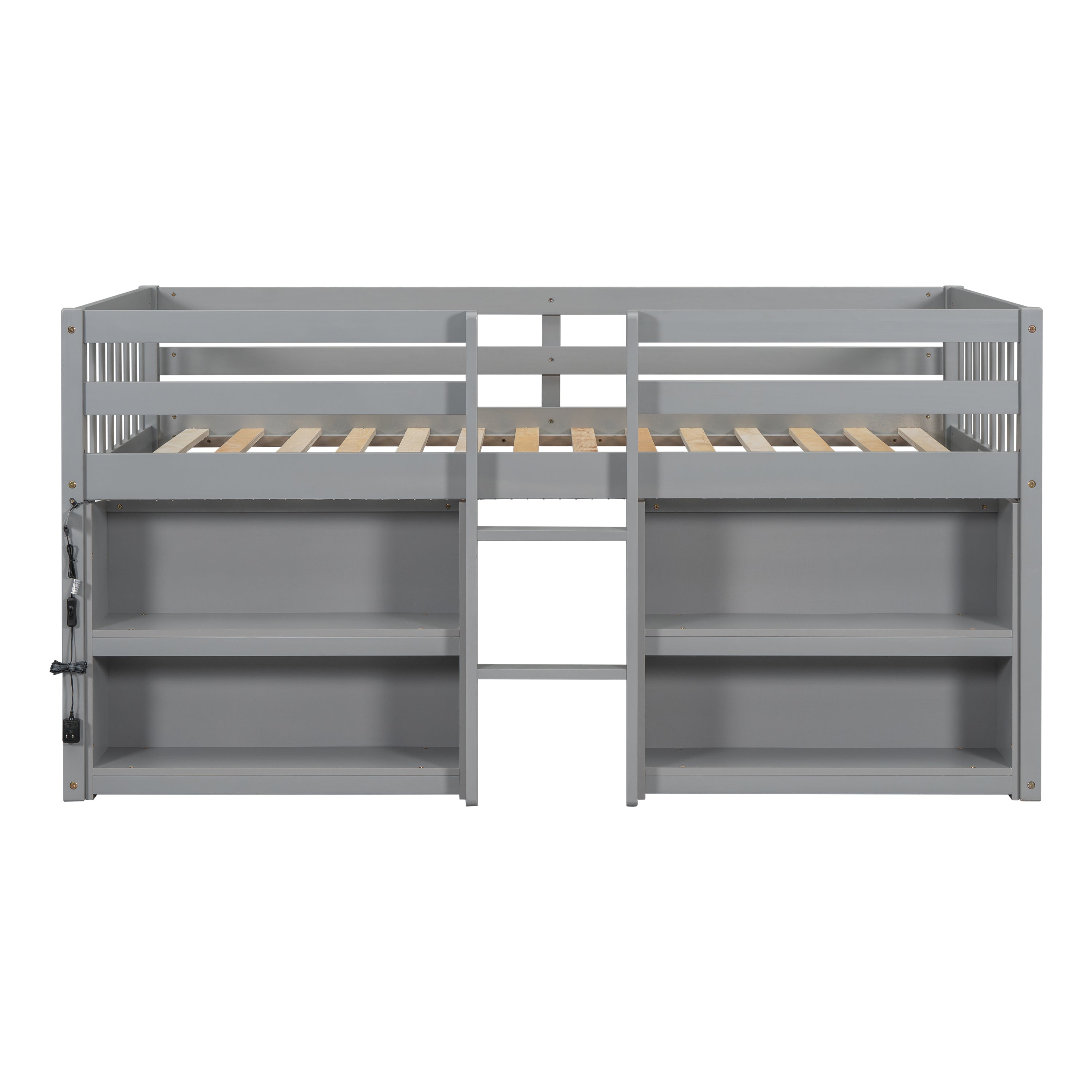 Twin Size Kid Low Loft Bed With Two-Tier Shelves
