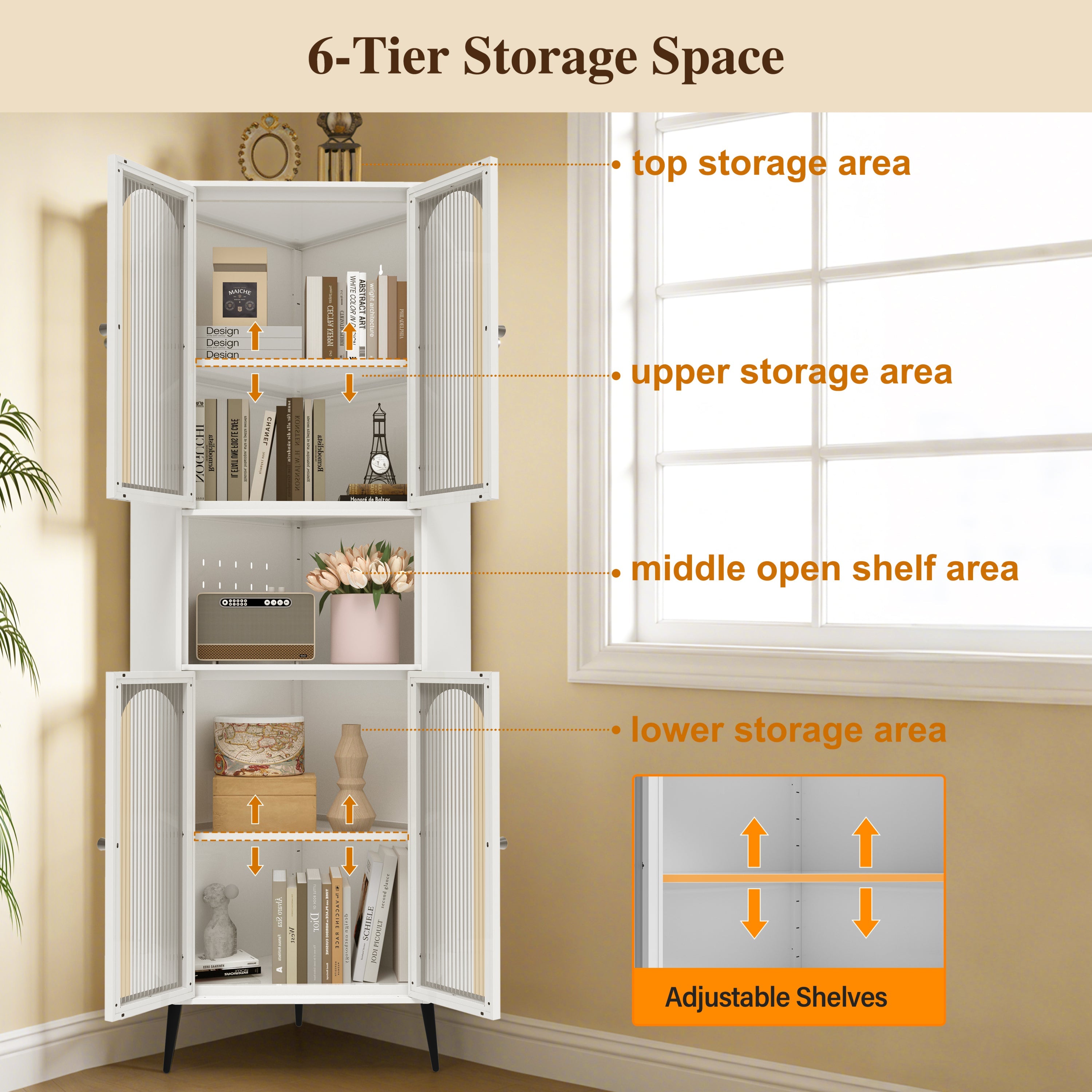 White 73in Corner Storage Cabinet Metal with Doors Adjustable Shelves Space-Saving