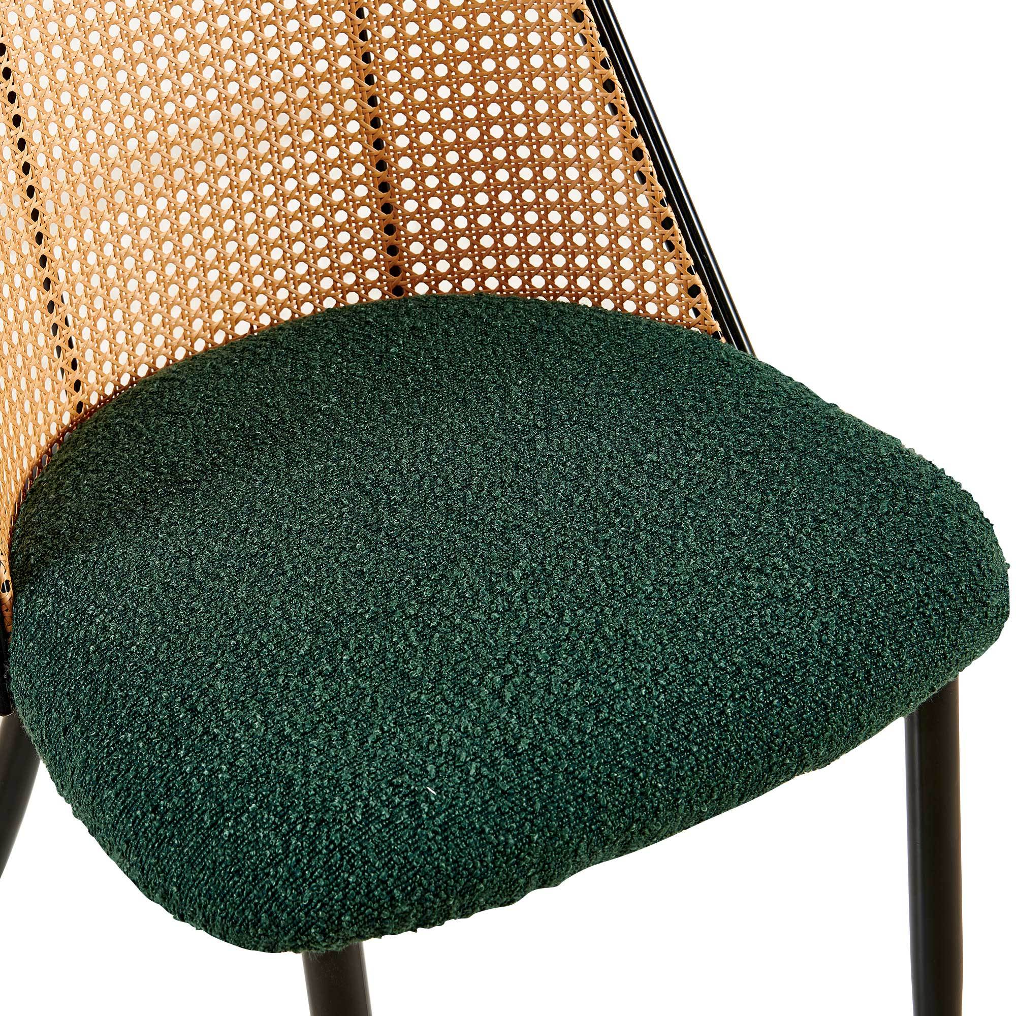 Green Rattan Boucle Dining Chairs with Natural Cane Back (Set of 2)