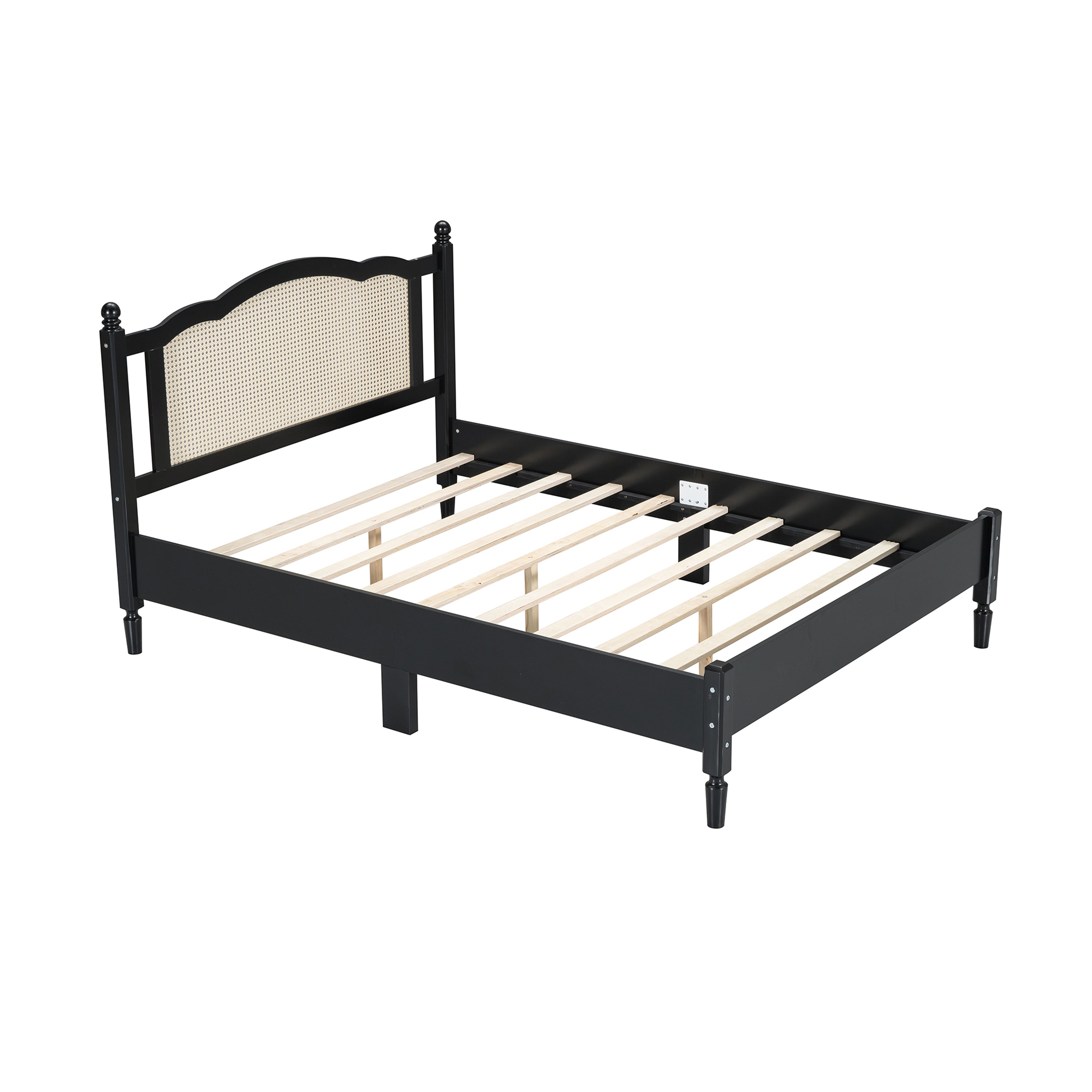 Queen Size Wooden Platform Bed with Natural Rattan Headboard
