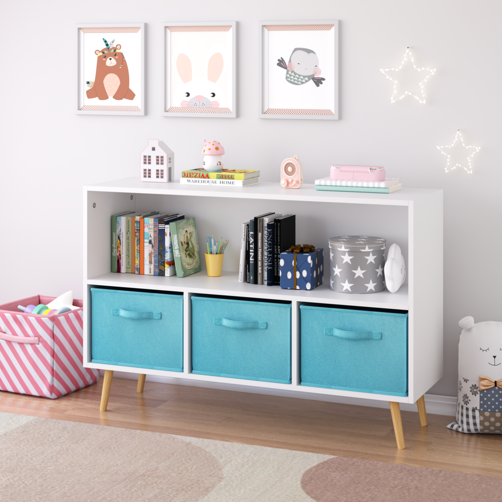 Children's Book Display Kids Bookcase with 3 Fabric Bins
