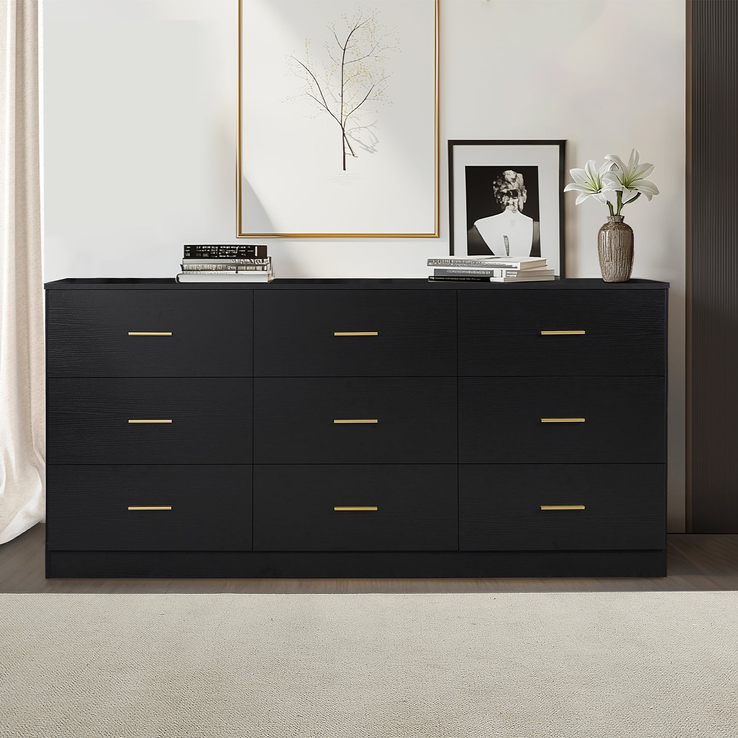 Modern Black 9-Drawer Dresser for Bedroom