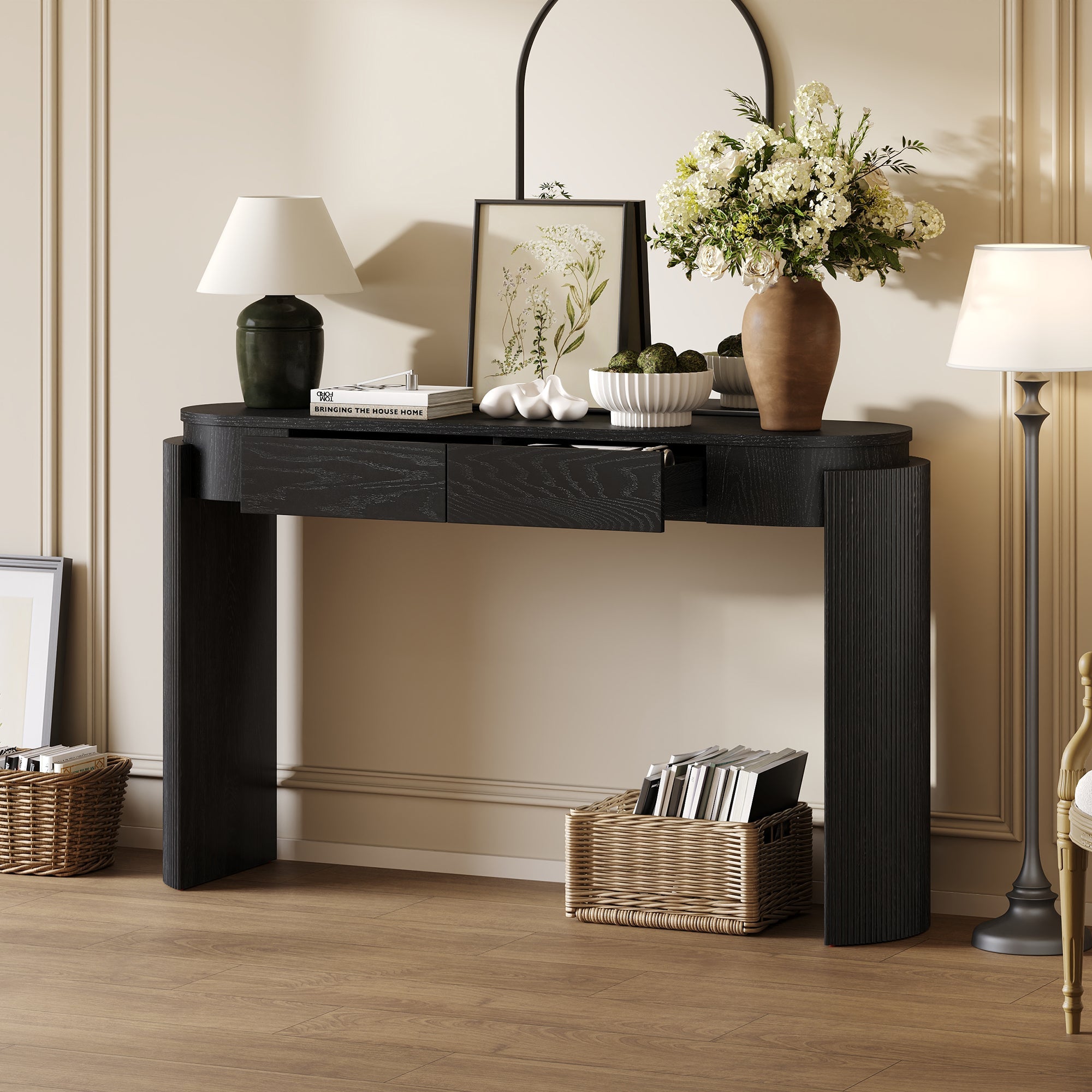 Entryway Console Table with Fluted Legs & Storage Drawers