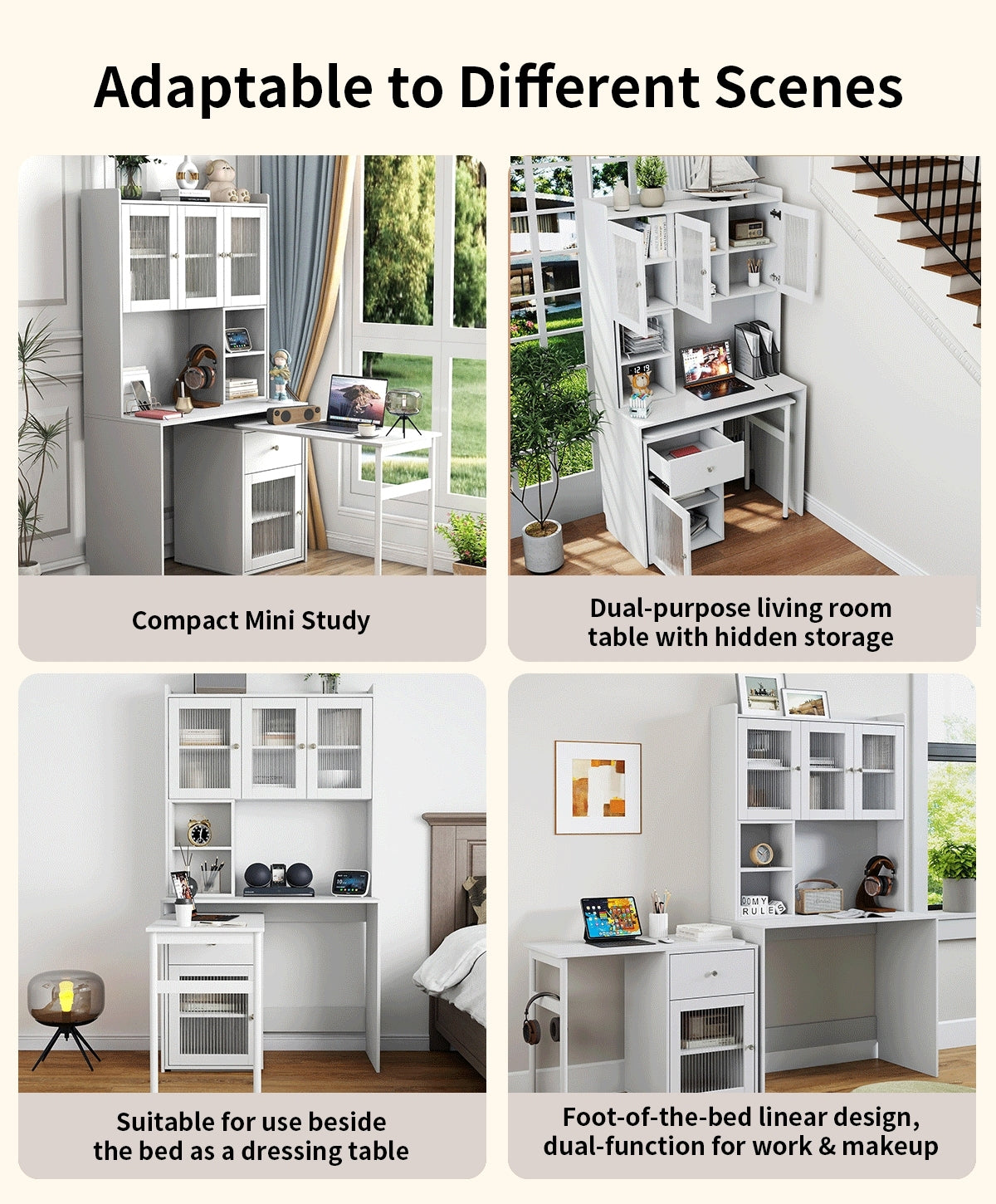 90 Degree Rotating Desktop Computer Desk with Glass Door for Home Office