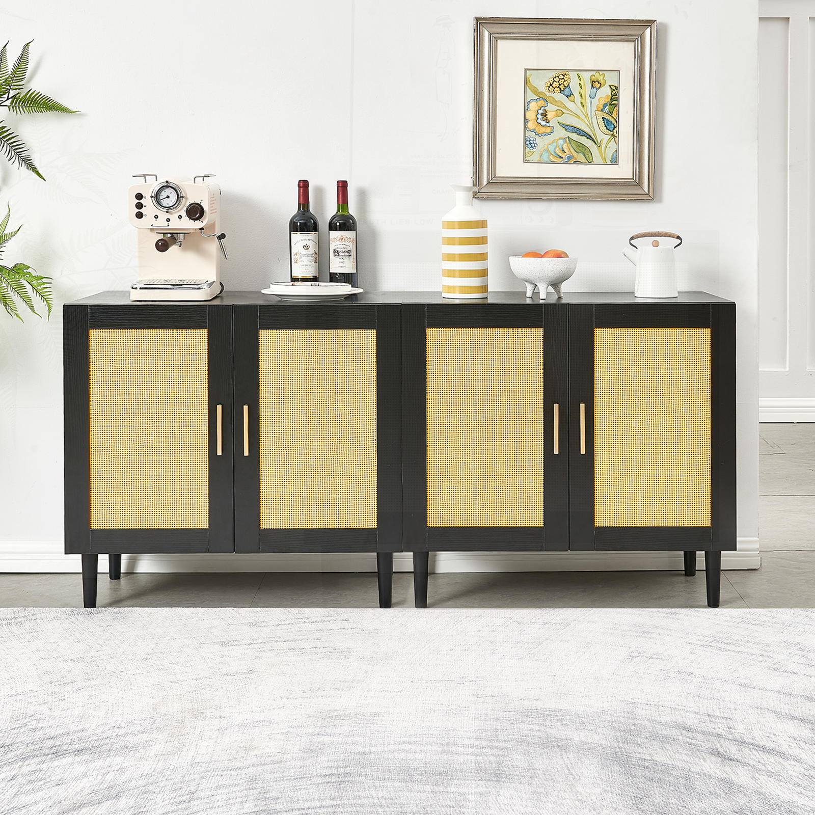 Side Panel Buffet Cabinet with Natural Rattan Door